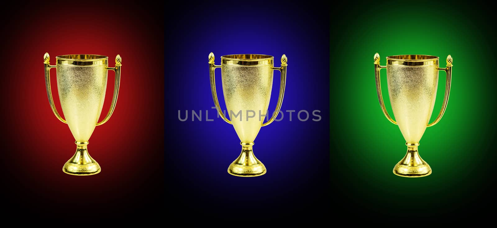 Three golden trophy cups isolated on a red- black, blue-black and green-black backgrounds