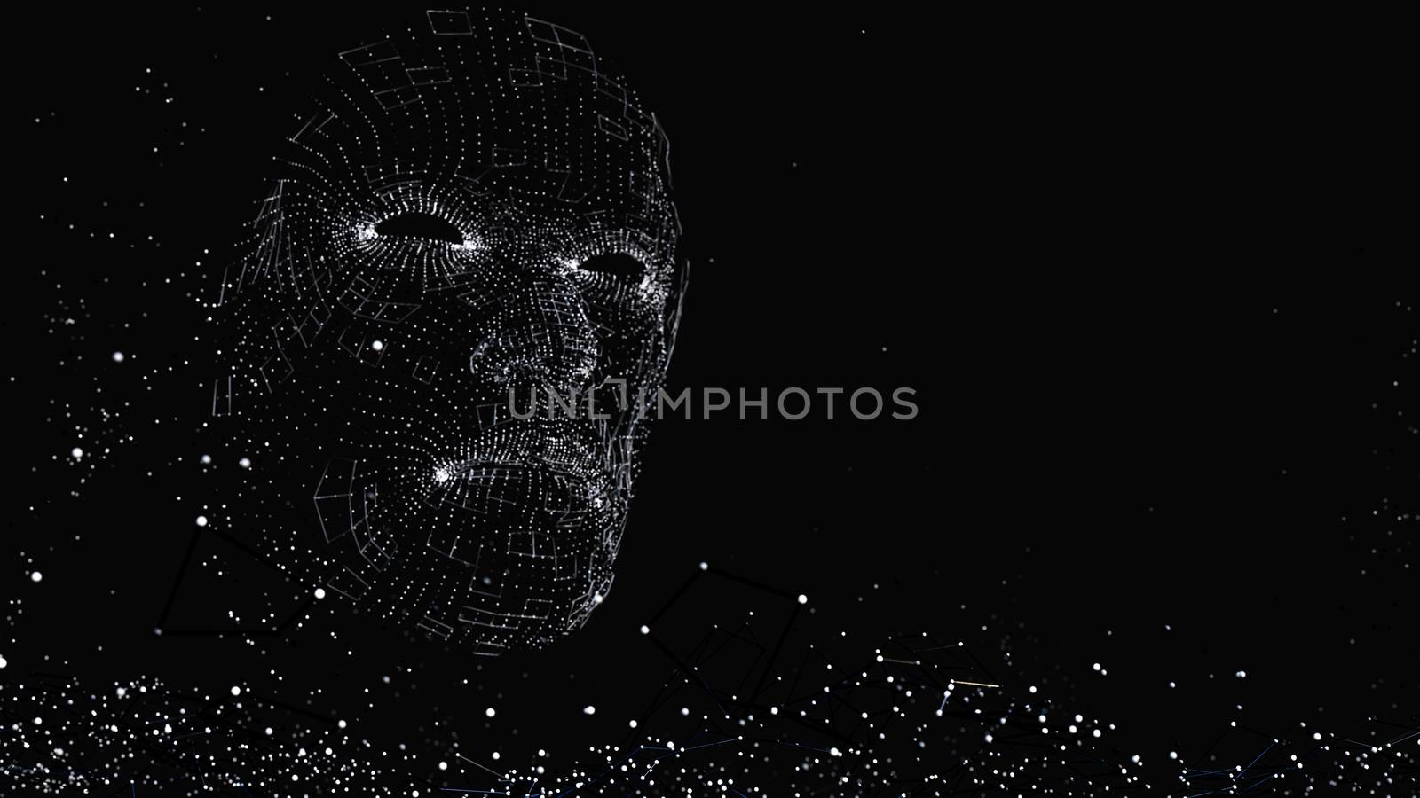 Human face consisting of luminous lines and dots. 3D illustration on a black background