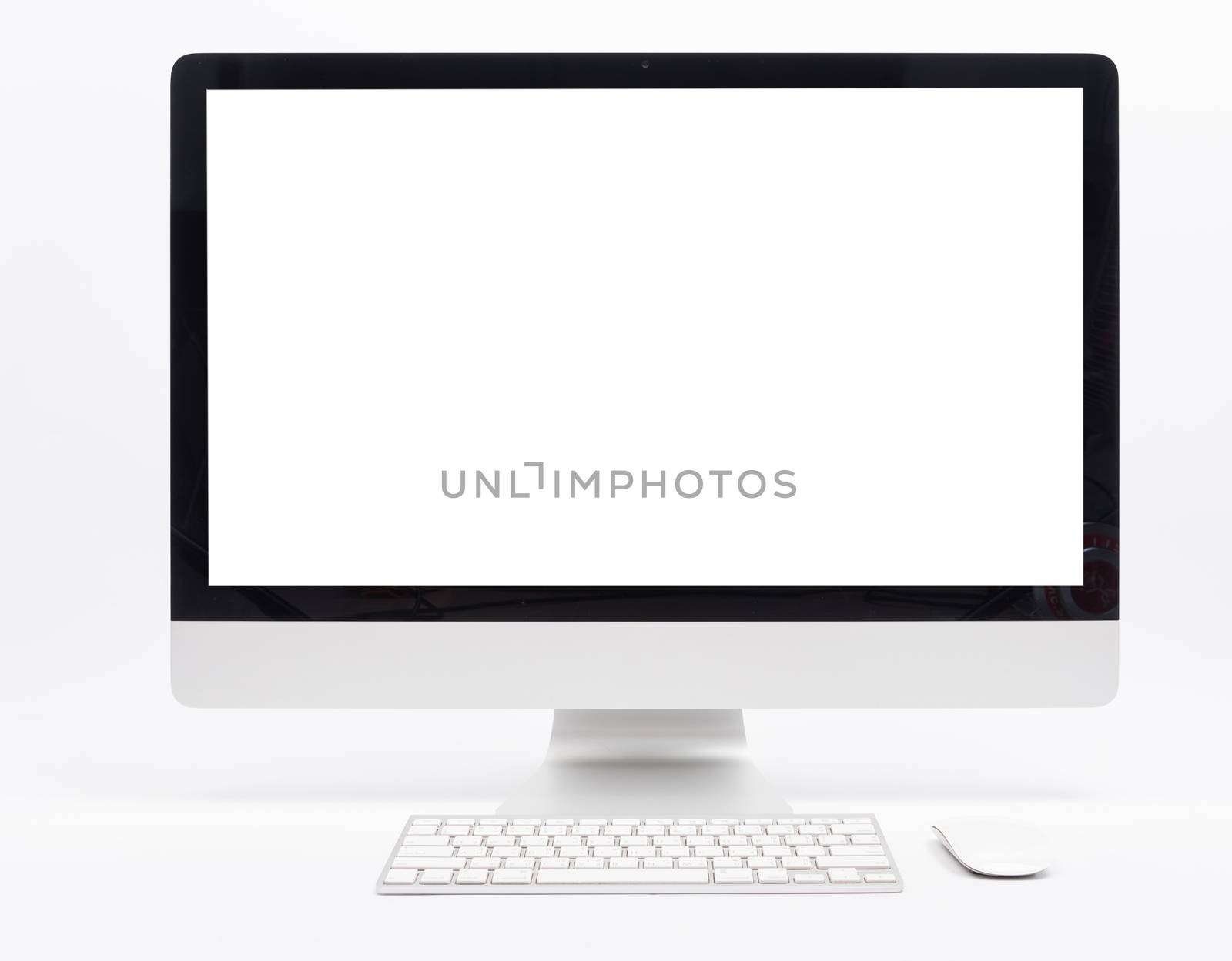 monitor computer retina display, mouse, keyboard and blank screen on white table