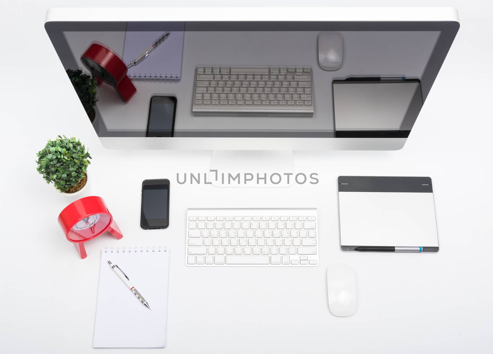 Office monitor computer retina display, mouse, keyboard, mobile phone and blank screen on white table