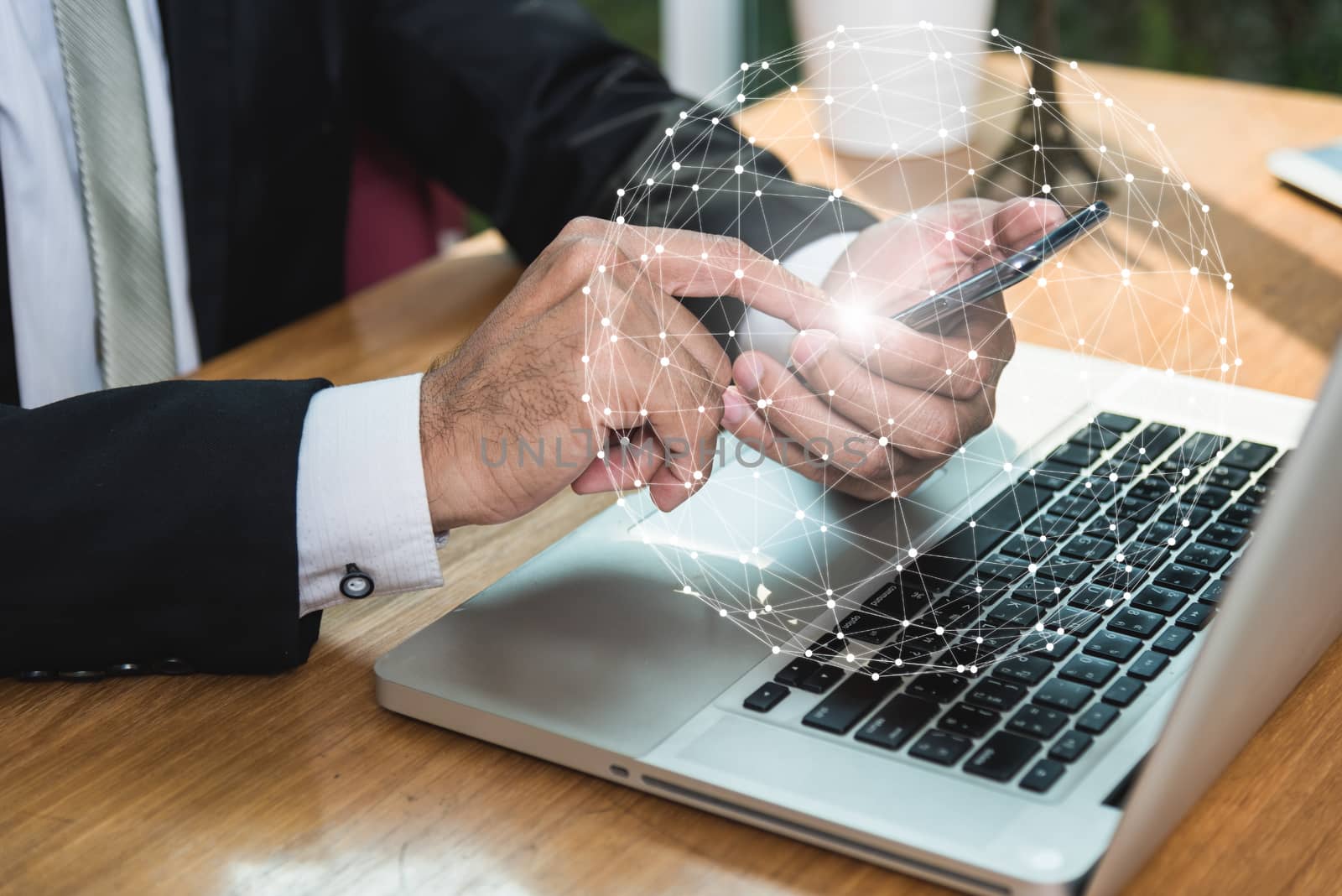 Businessman hands holding touch smart phone while connection global modern technology
