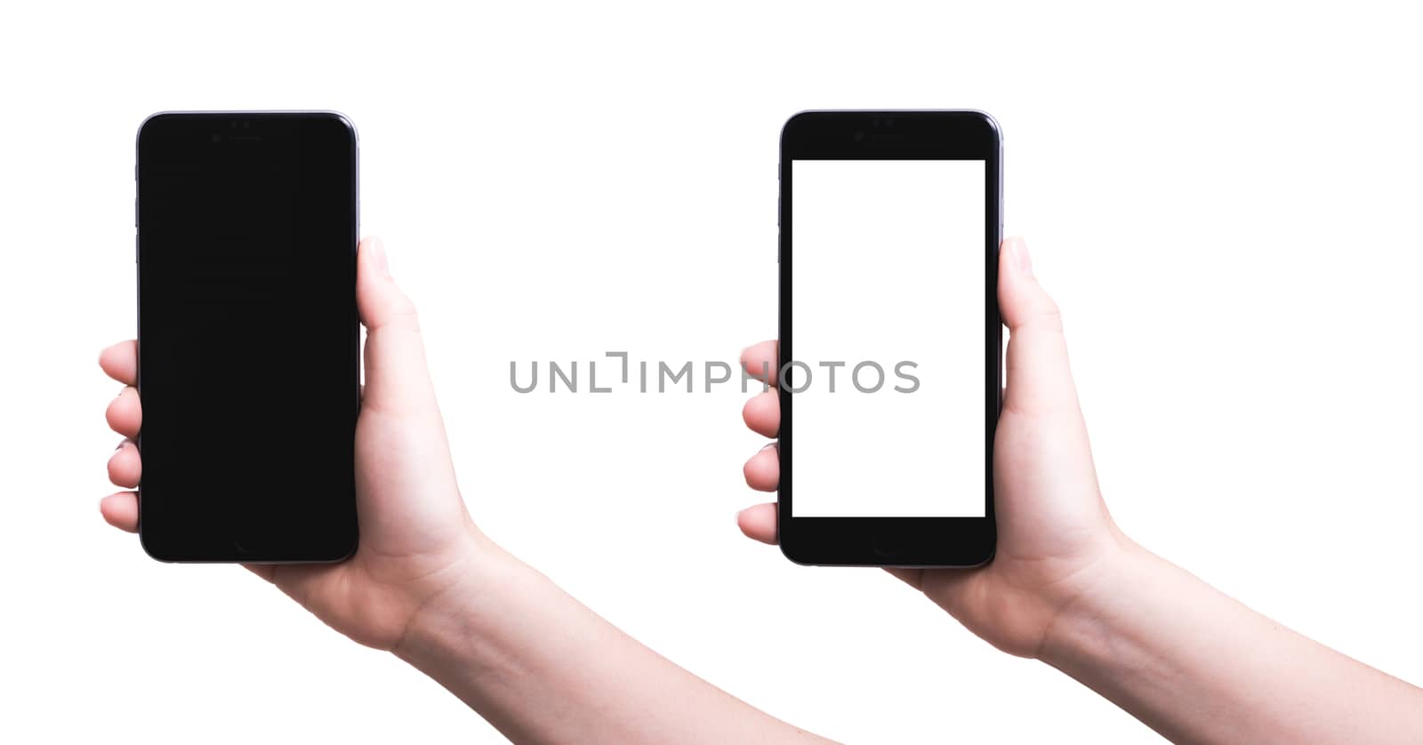 Woman hand holding modern smartphone black and white blank screen isolated white background