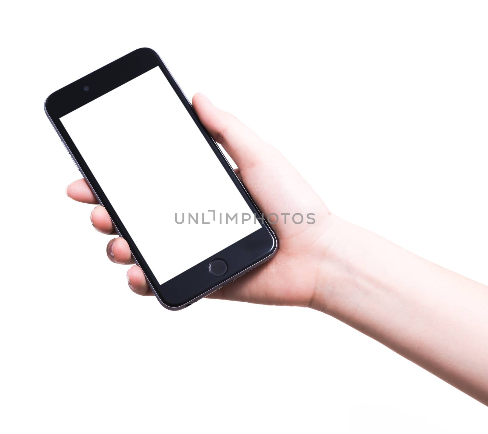 Female hand holding mobile smartphone blank white screen isolated on white background