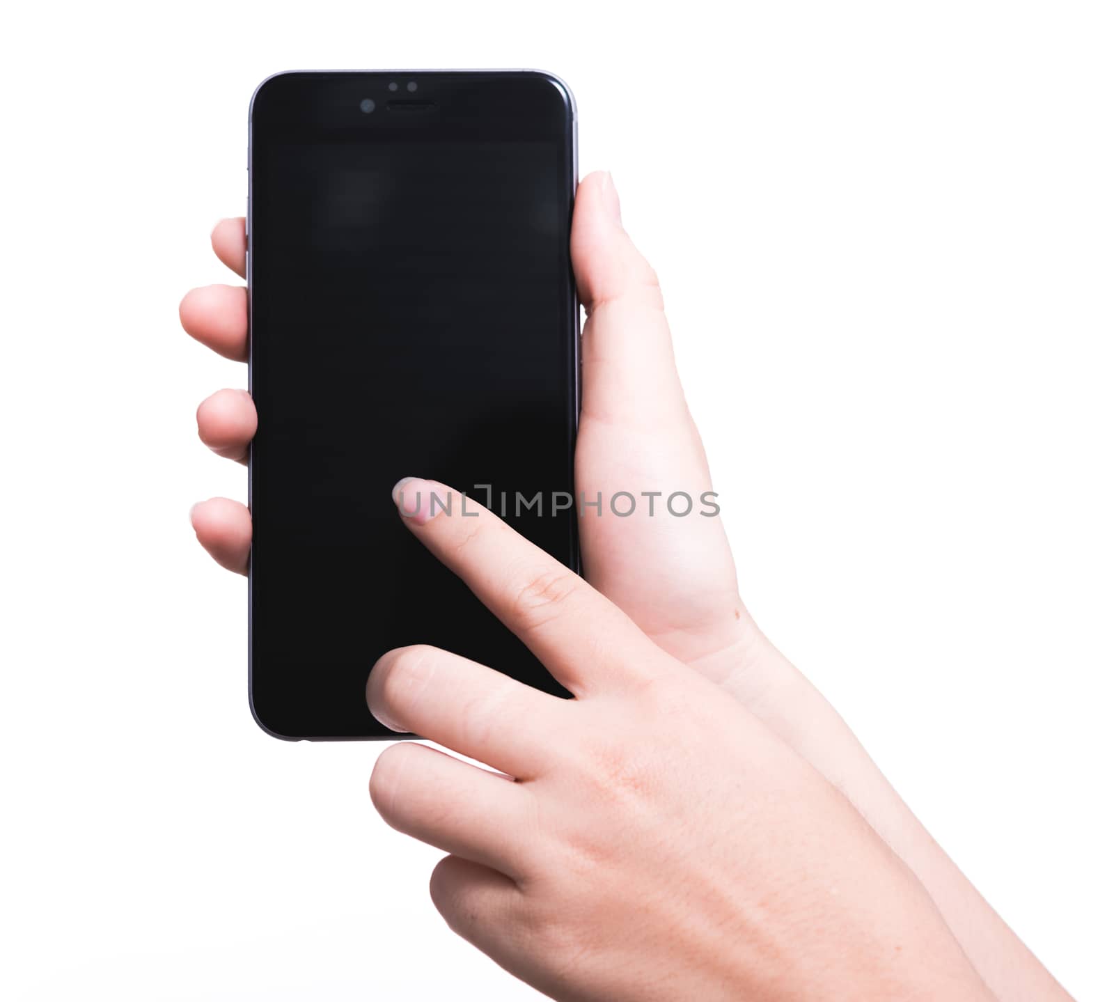Female finger touch smartphone plus blank black screen isolated on over white background