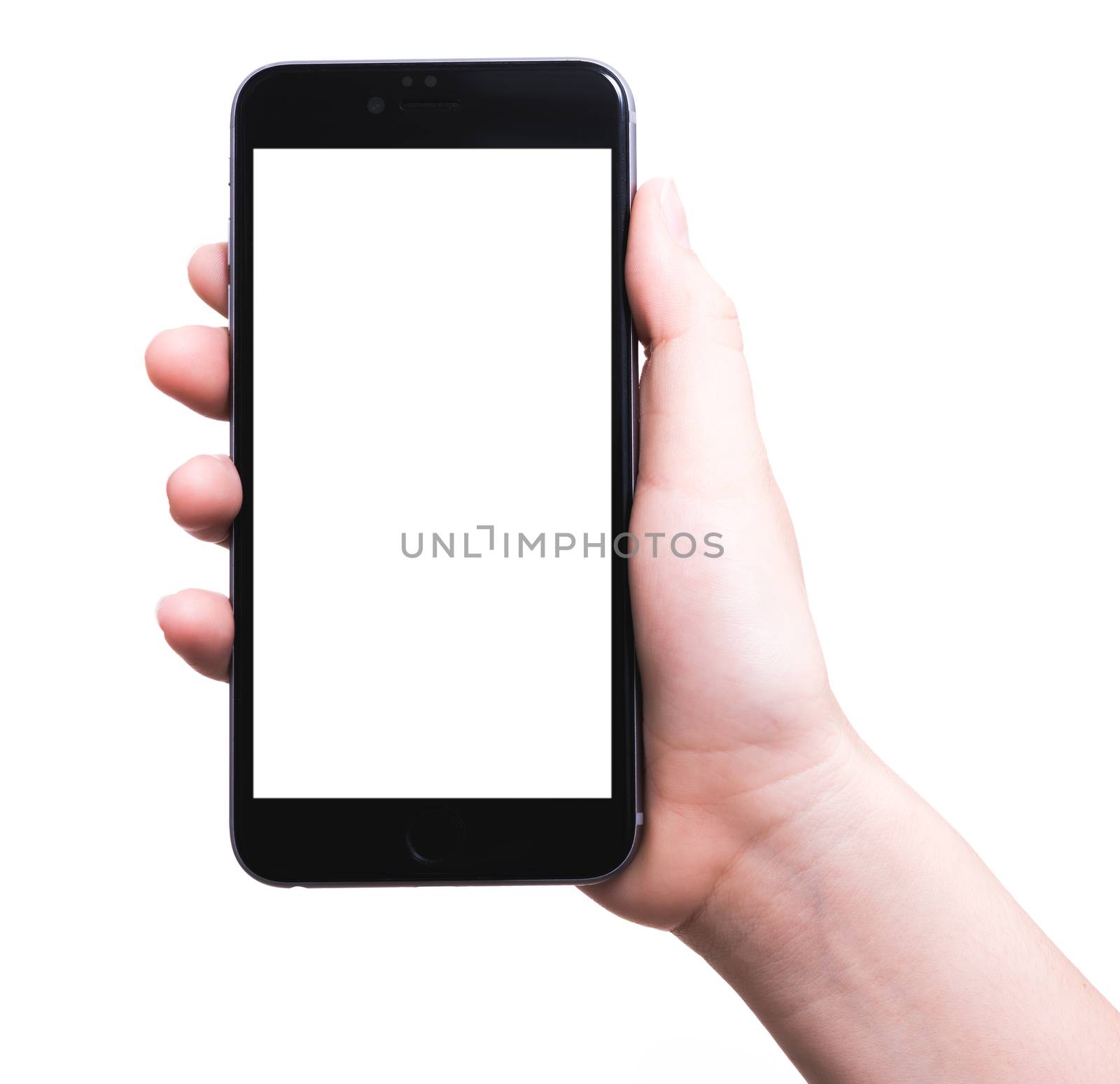 Female hand holding mobile smartphone blank white screen isolated on white background