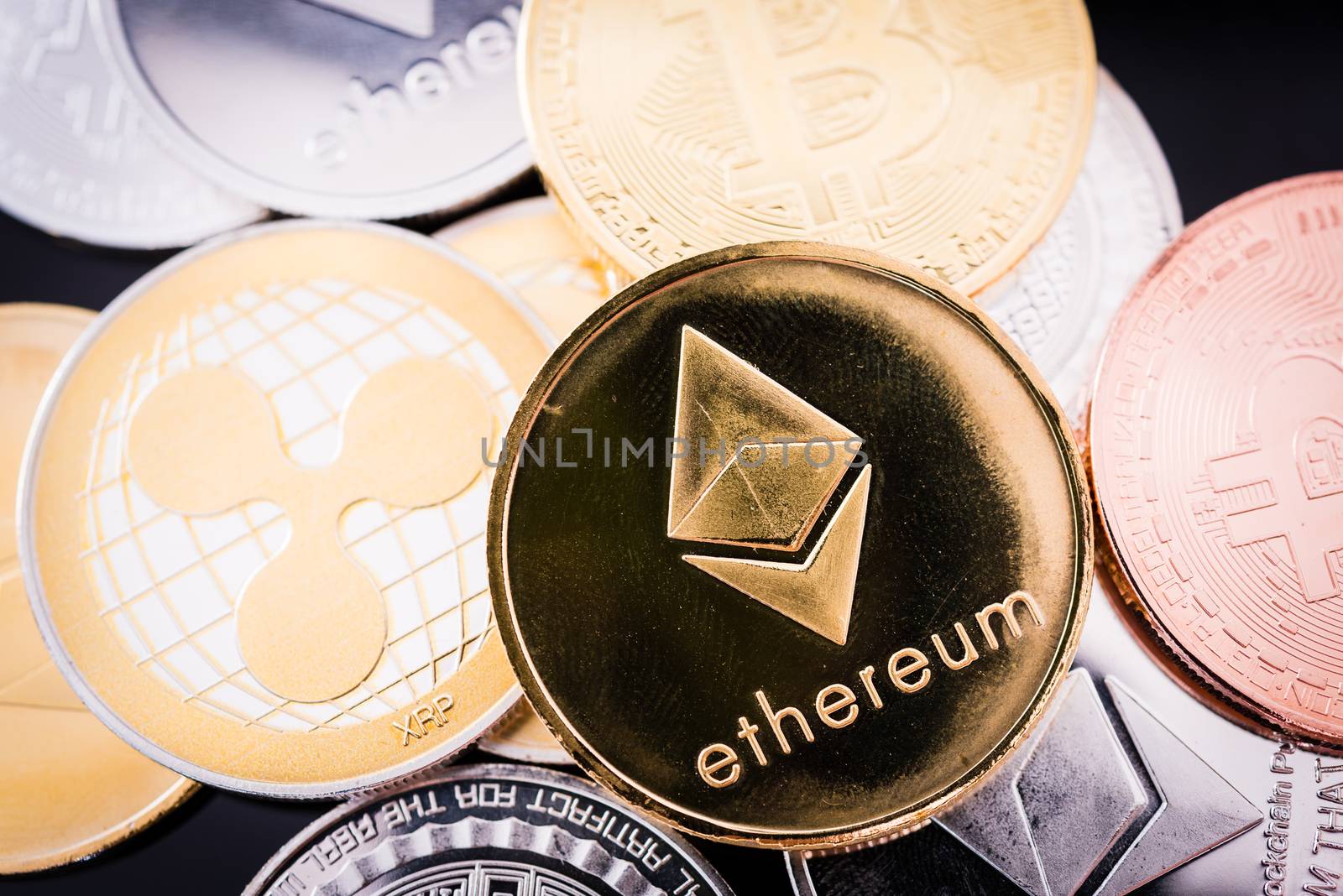 Metal coins Ethereum and XRP digital cryptocurrency business finance money market set