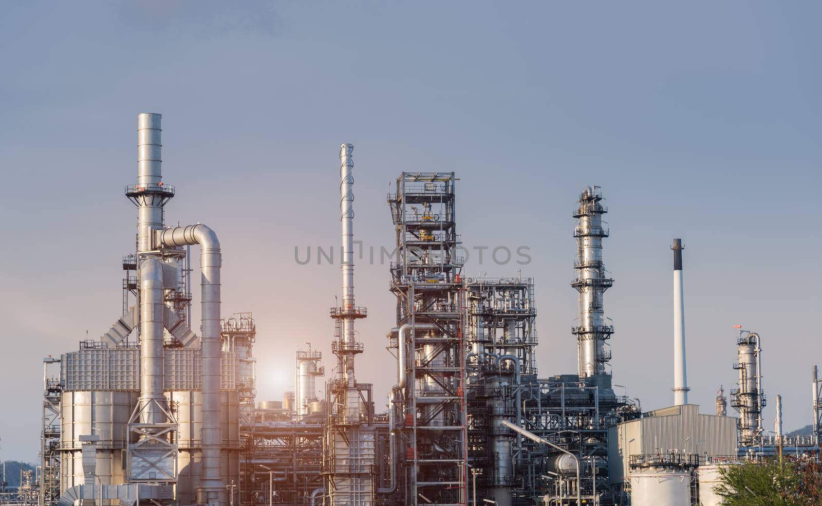 Oil Industry Refinery factory at Sunset, petrochemical plant, Petroleum