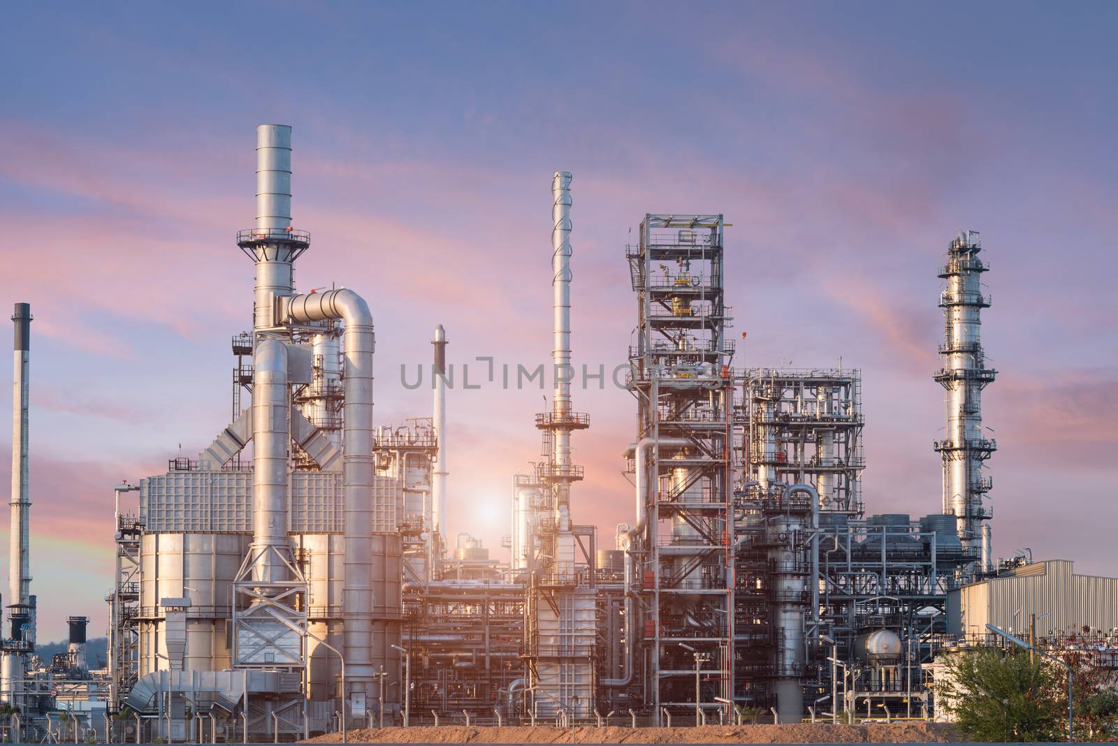 Oil Industry Refinery factory at Sunset, petrochemical, Petroleum plant