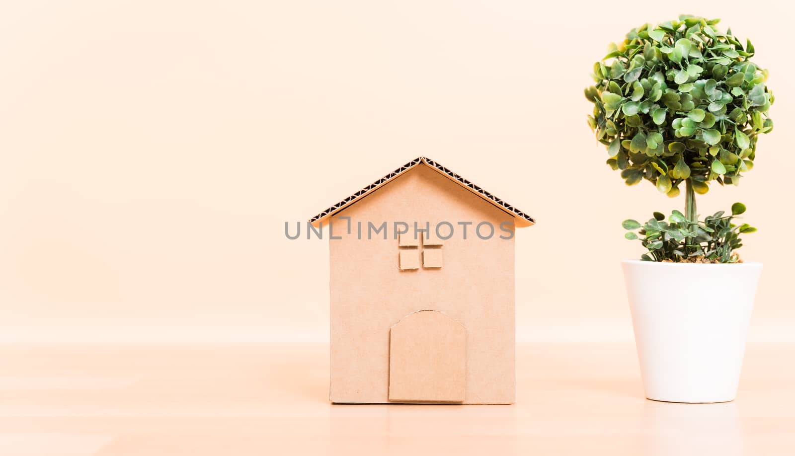 Cardboard paper model house isolated, small business and tree pot