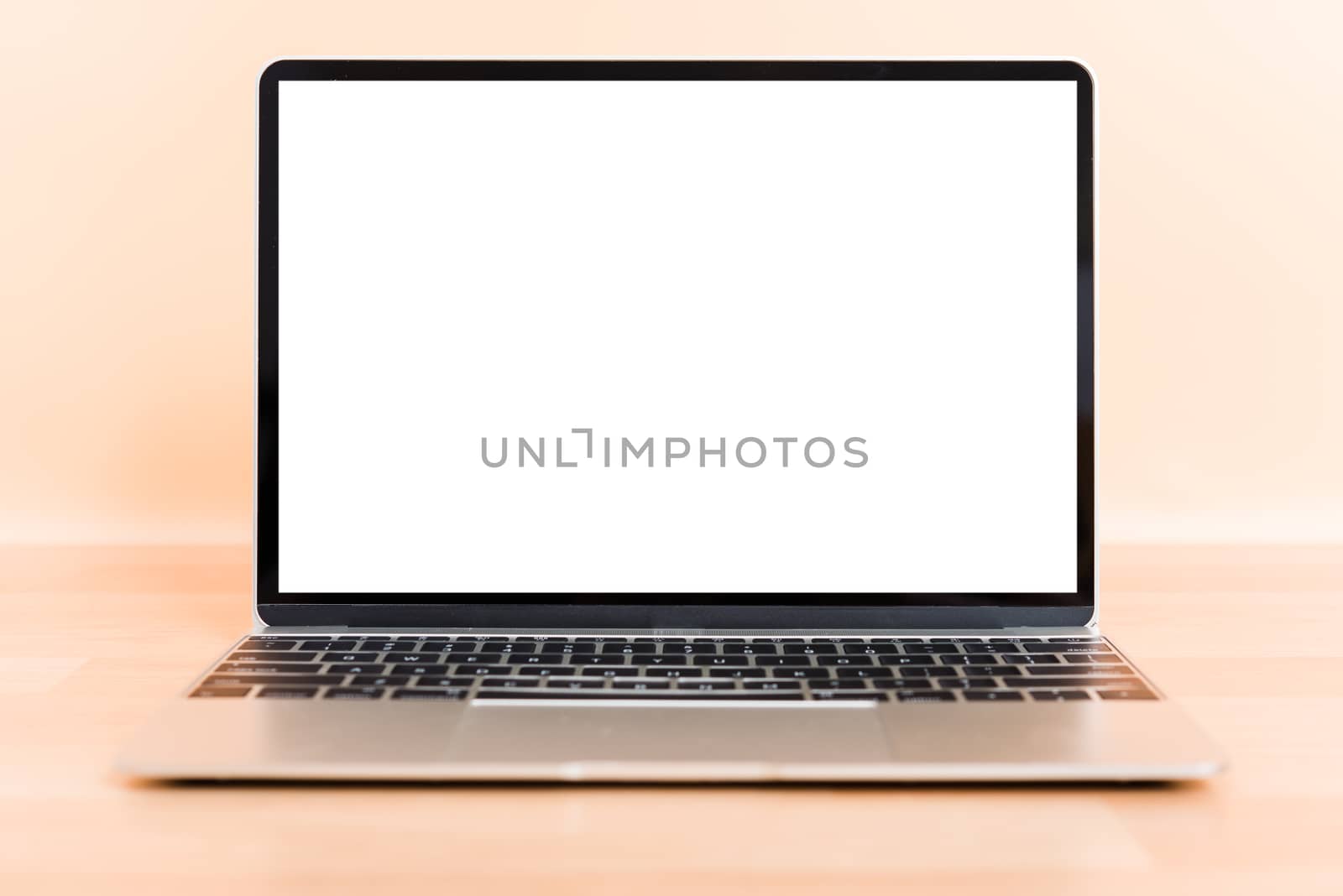 front laptop computer blank screen on desk table isolated