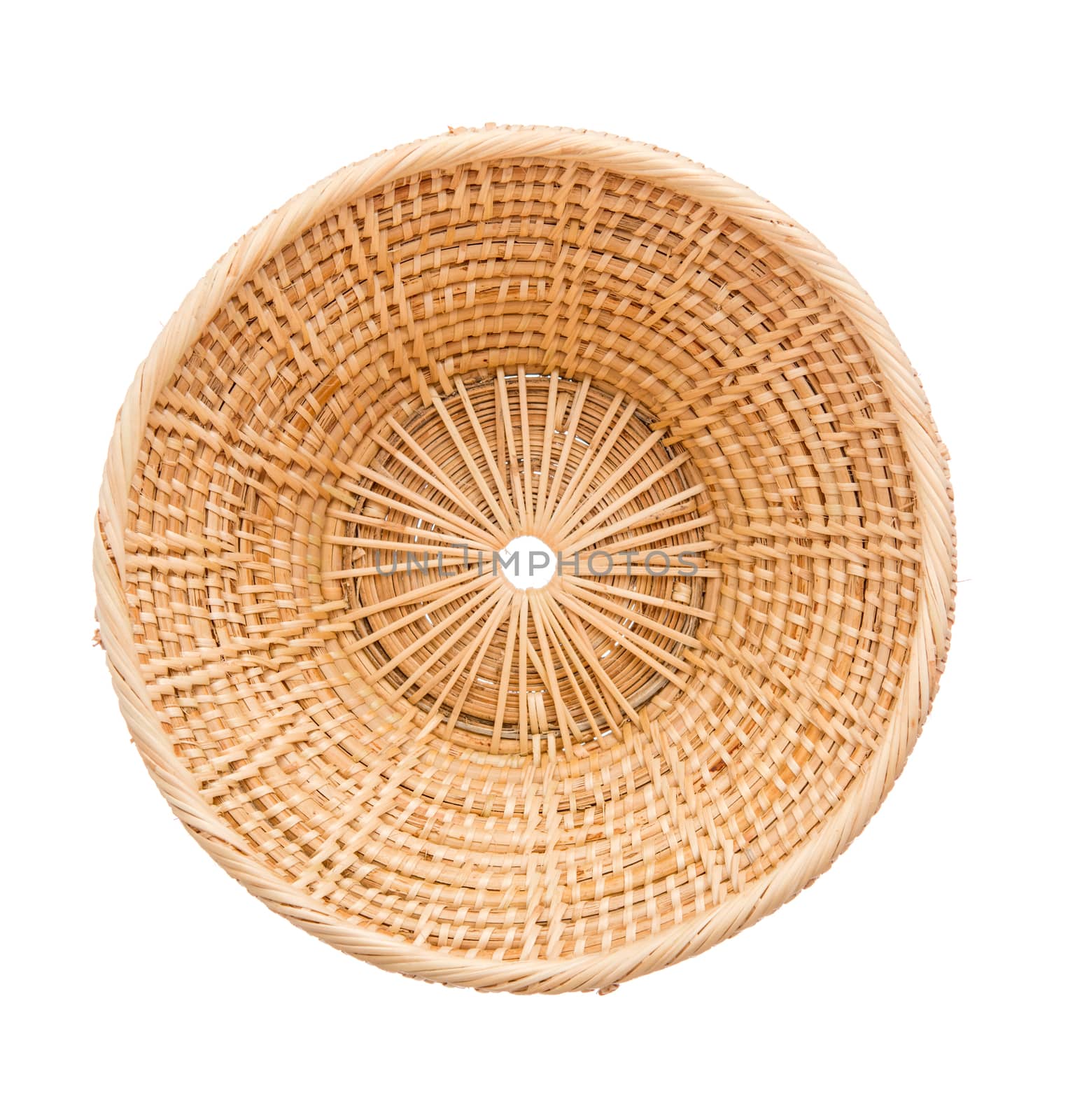 Wood basket wicker wooden in handmade top view isolate on over white background