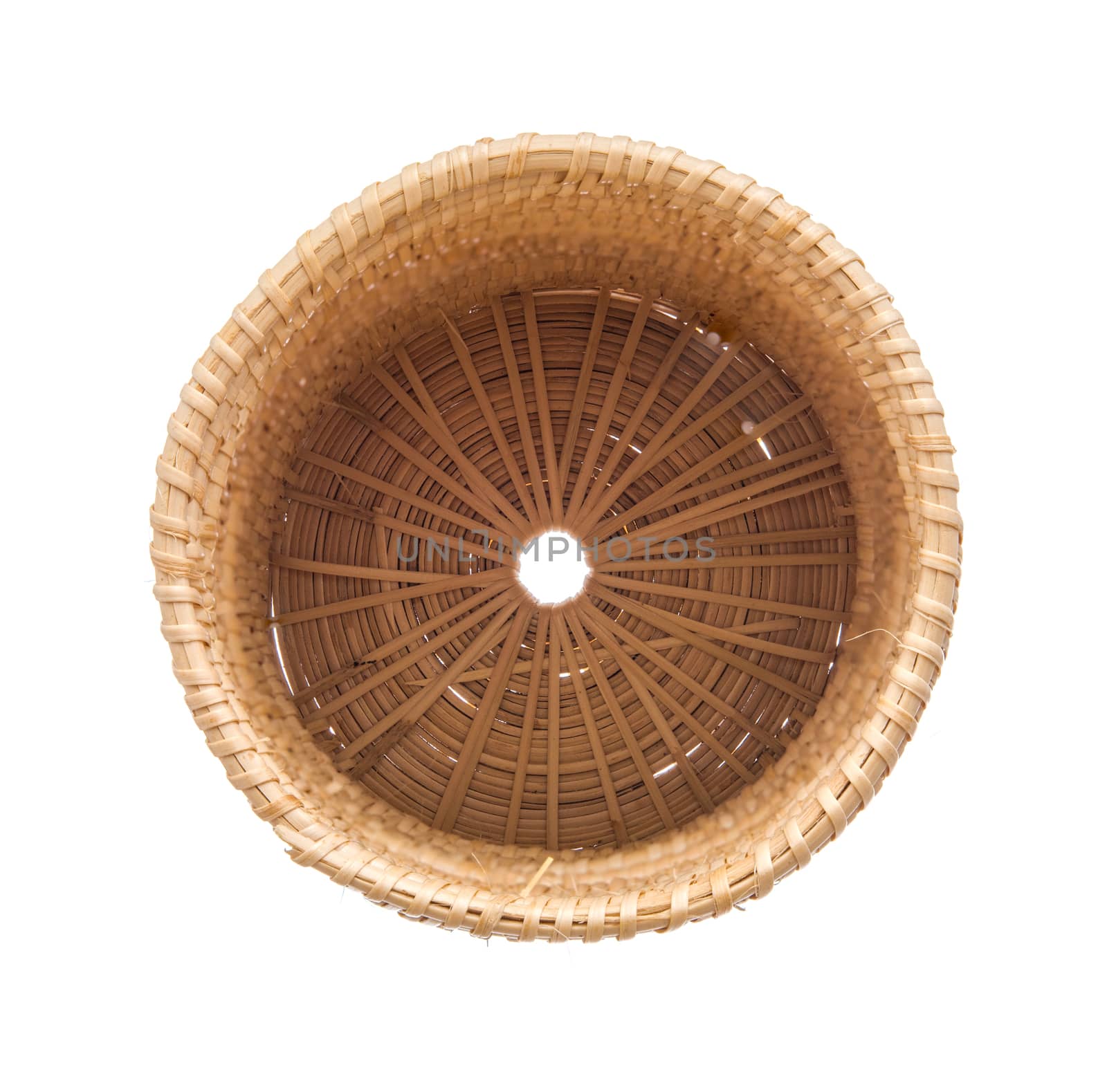 Wood basket wicker wooden in handmade top view isolate on over white background
