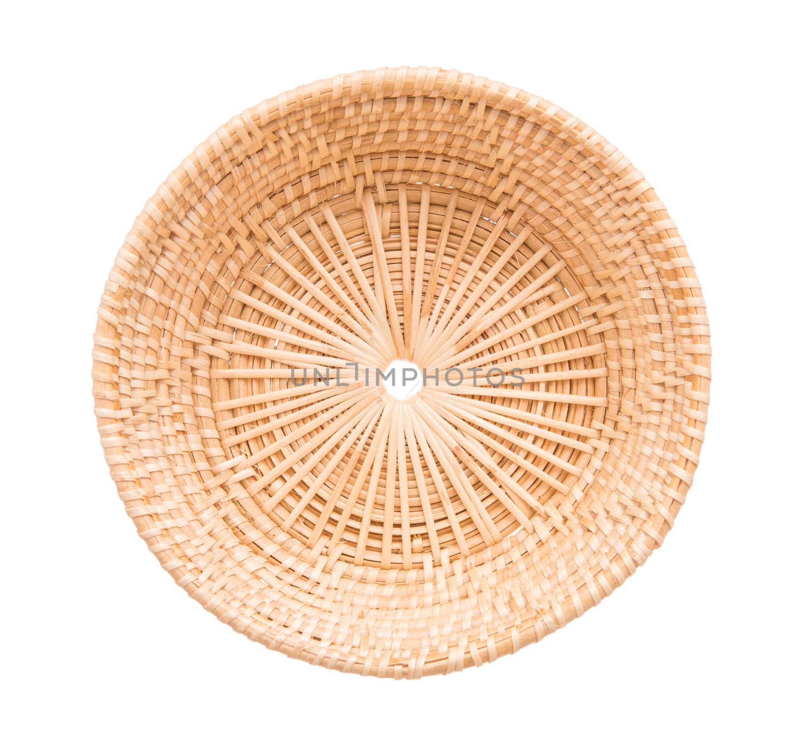 Wood basket wicker wooden in handmade top view isolate on over white background