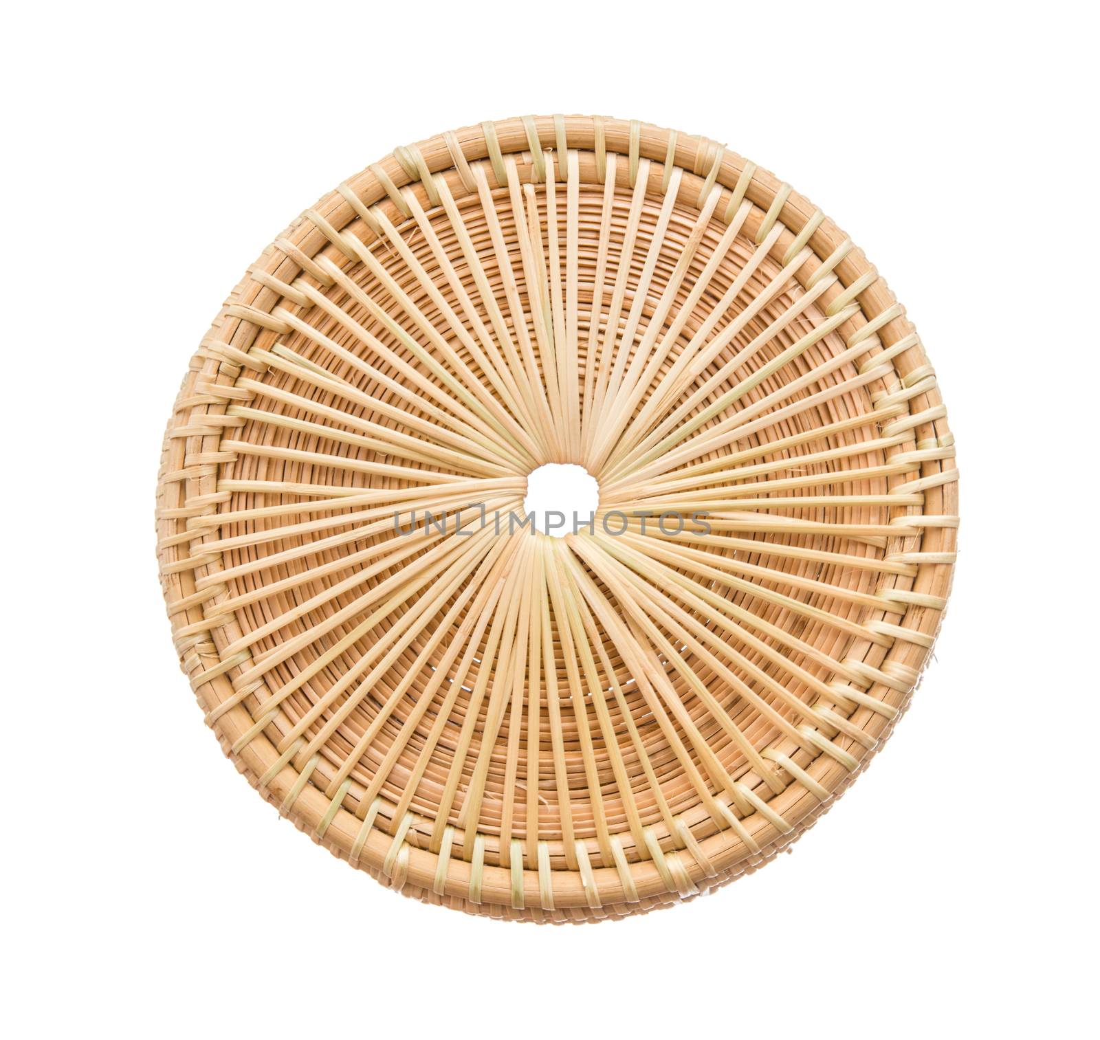 Wood basket wicker wooden in handmade top view isolate on over white background