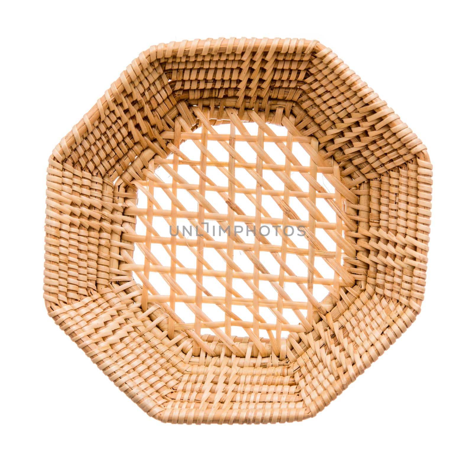 Wood basket wicker wooden in handmade top view isolate on over white background