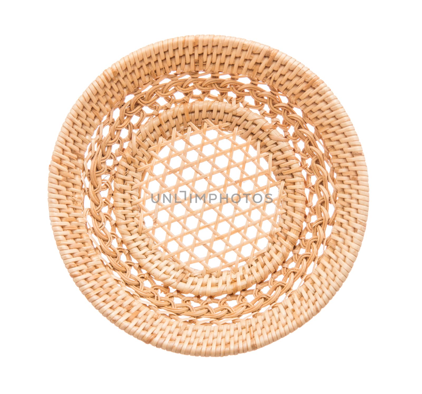 Wood basket wicker wooden in handmade top view isolate on over white background