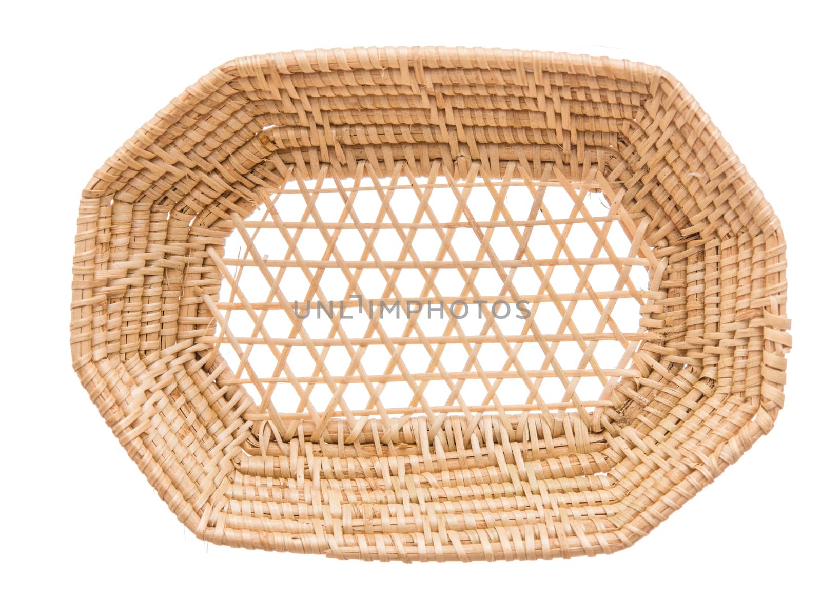 Wood basket wicker wooden in handmade top view isolate on over white background