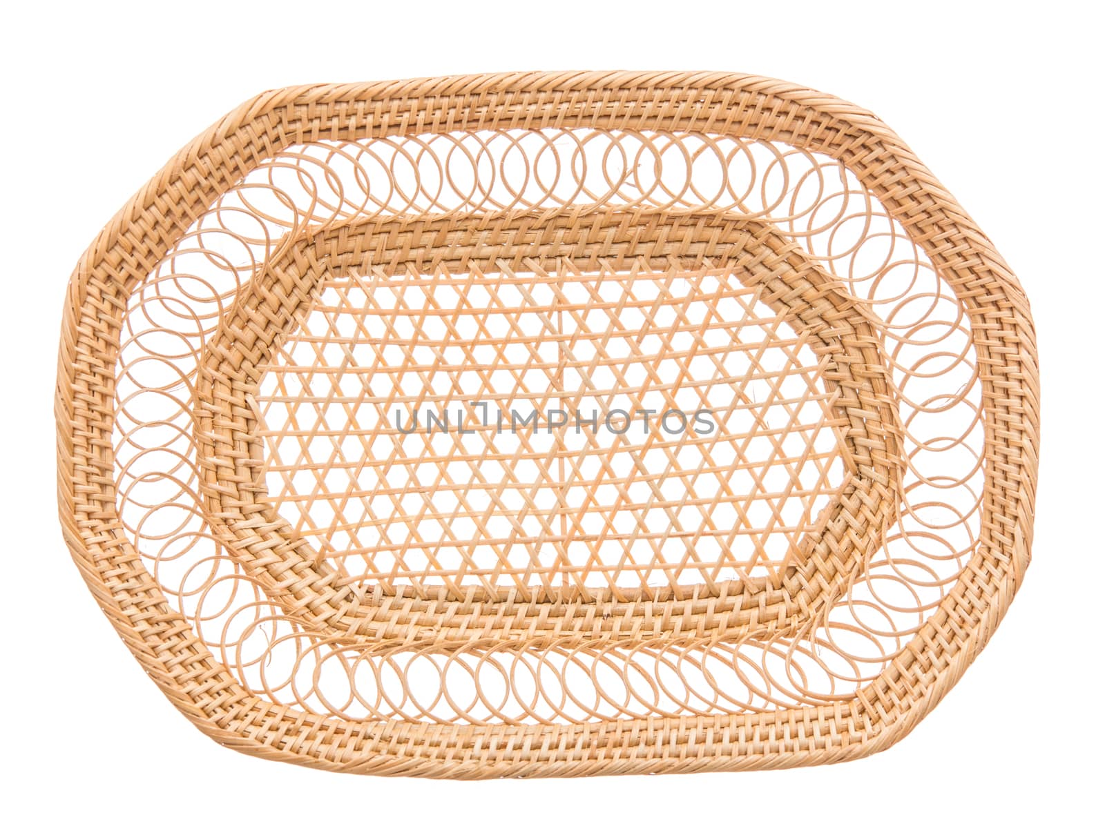 Wood basket wicker wooden in handmade top view isolate on over white background