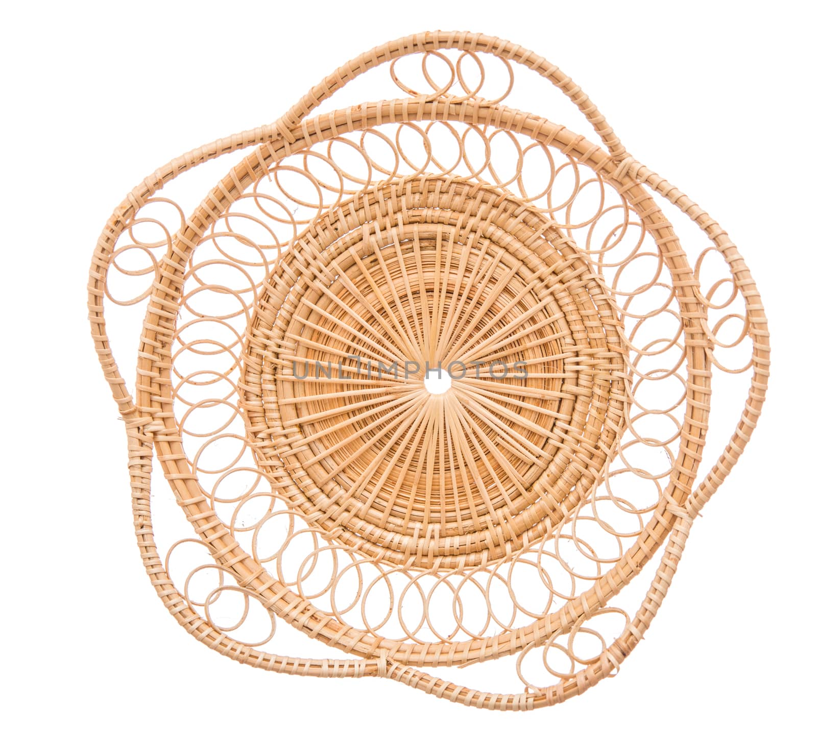 Wood basket wicker wooden in handmade top view isolate on over white background