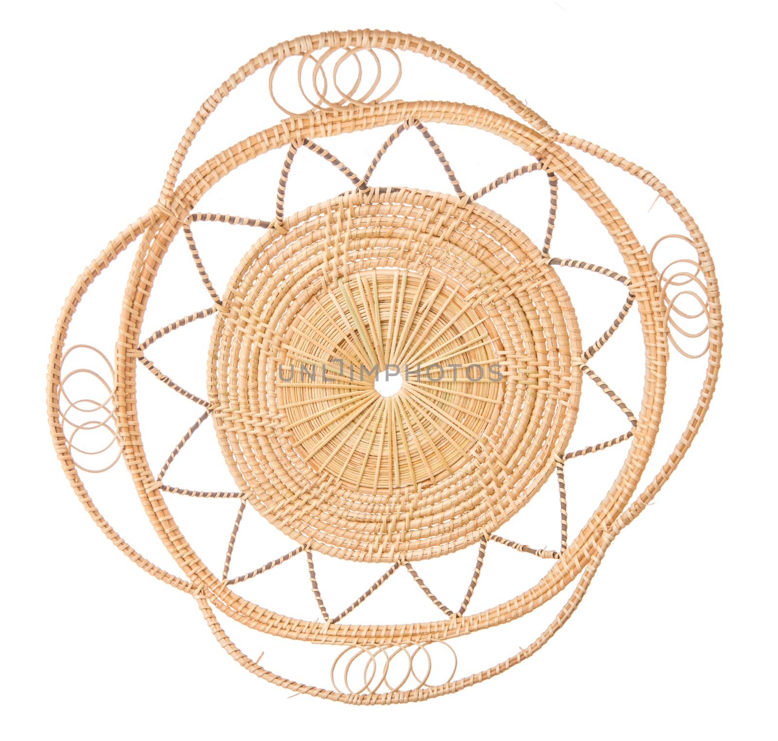 Wood basket wicker wooden in handmade top view isolate on over white background