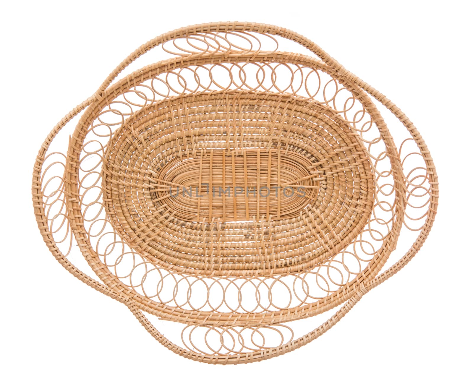 Wood basket wicker wooden in handmade top view isolate on over white background