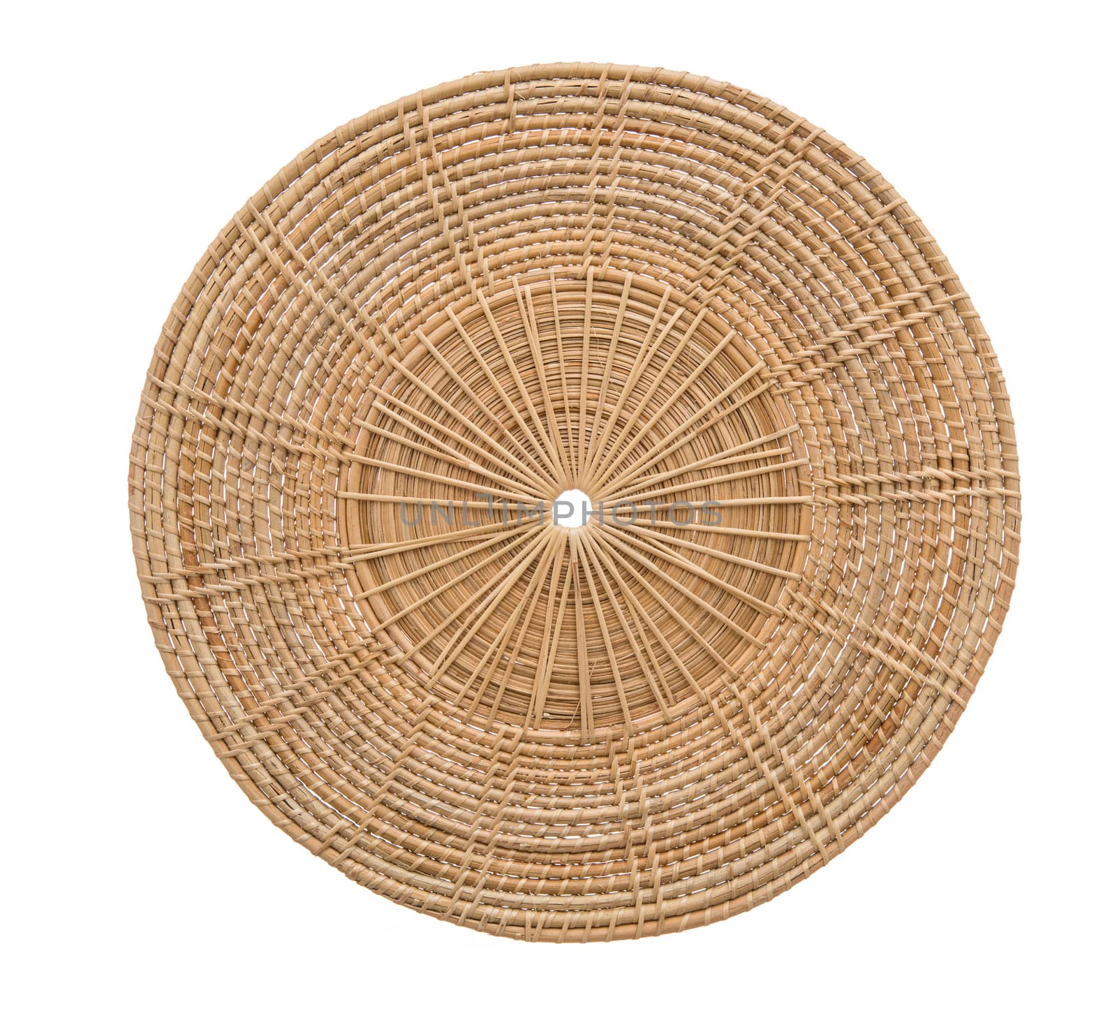 Wood basket wicker wooden in handmade top view isolate on over white background