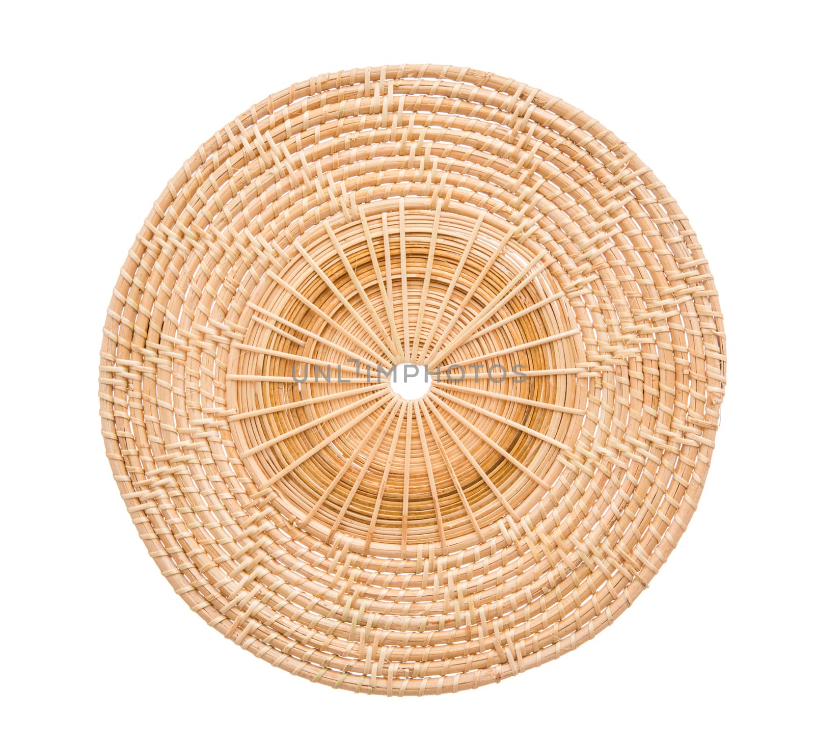 Wood basket wicker wooden in handmade top view isolate on over white background