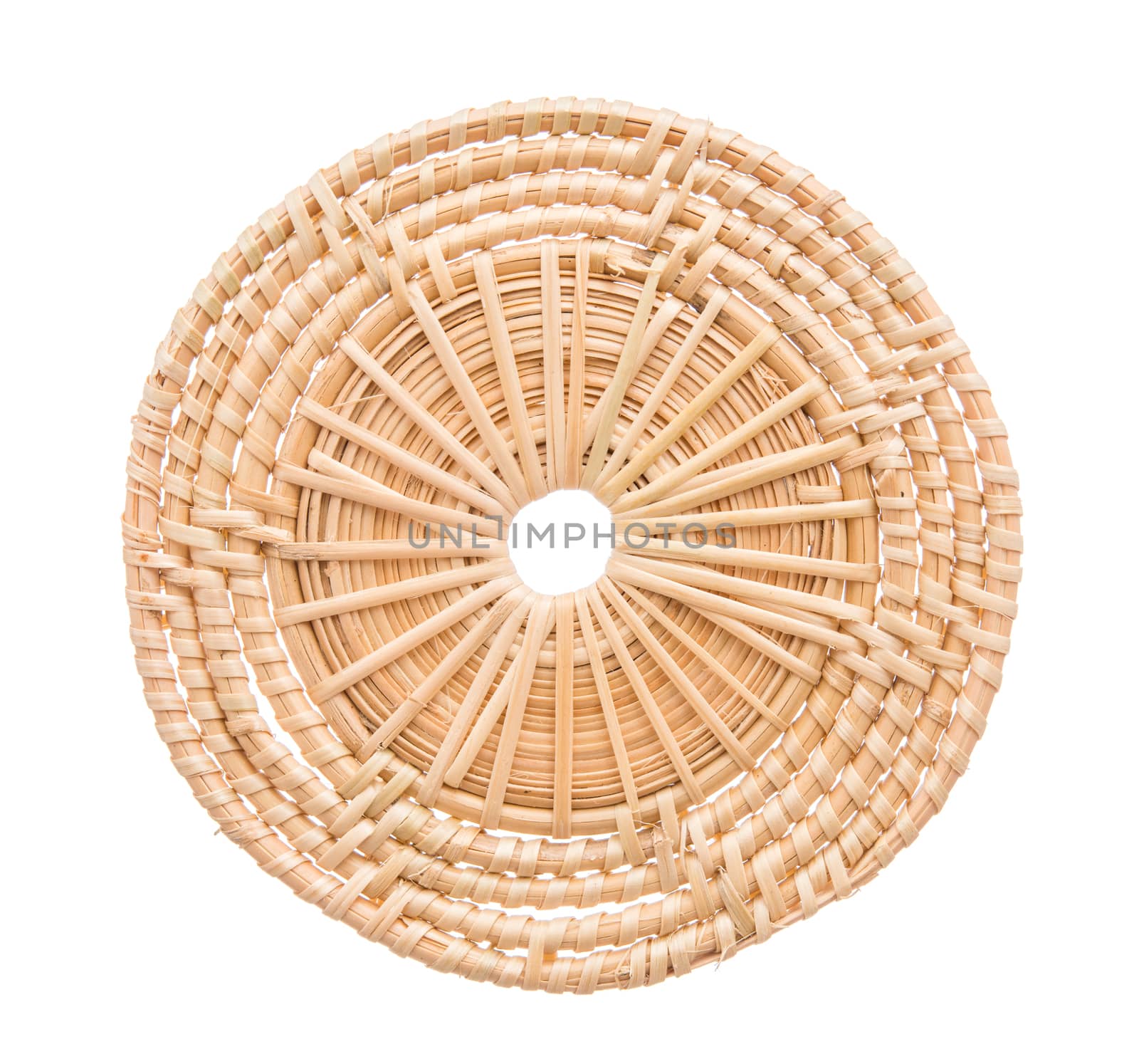 Wood basket wicker wooden in handmade top view isolate on over white background