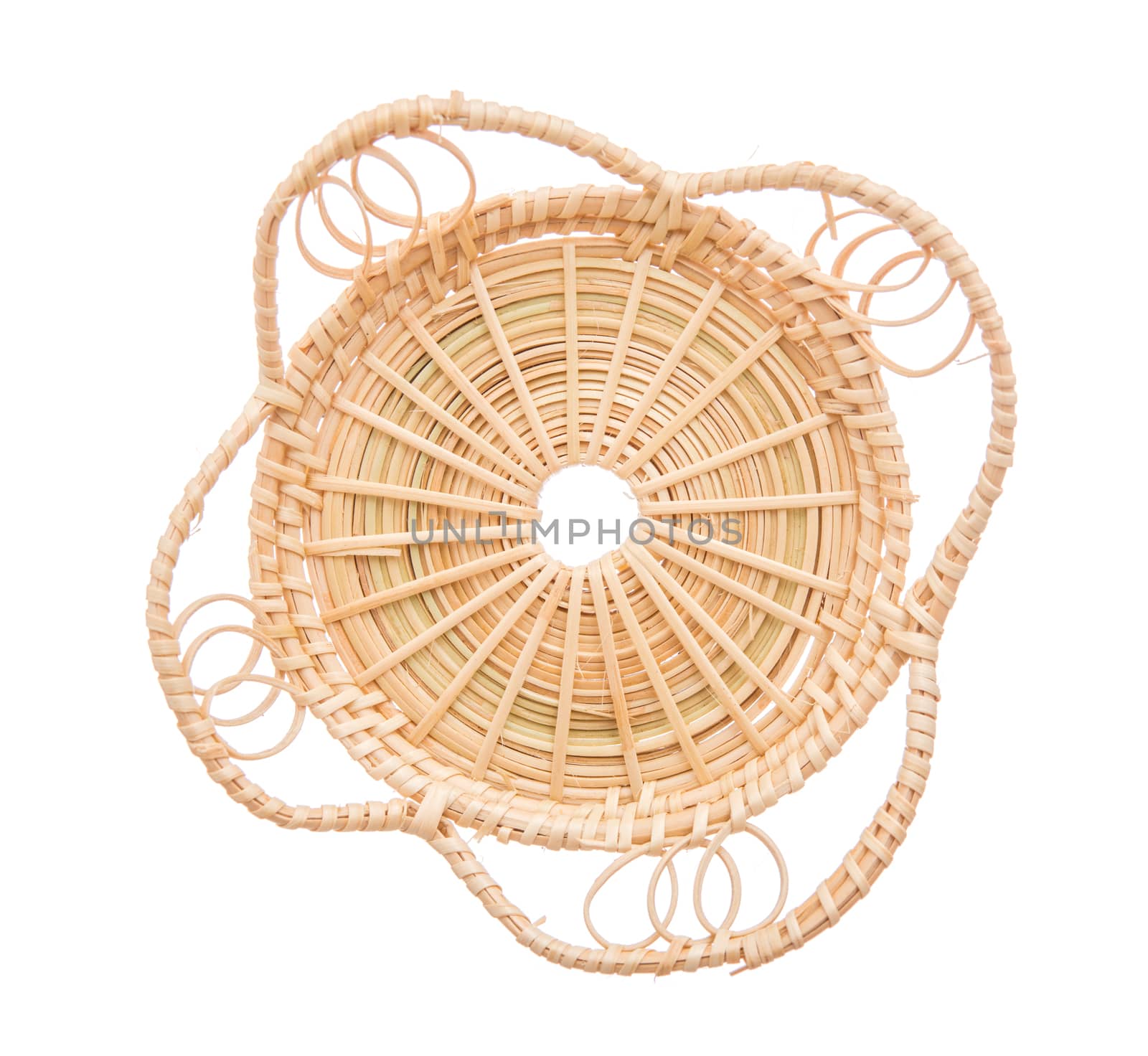 Wood basket wicker wooden in handmade top view isolate on over white background