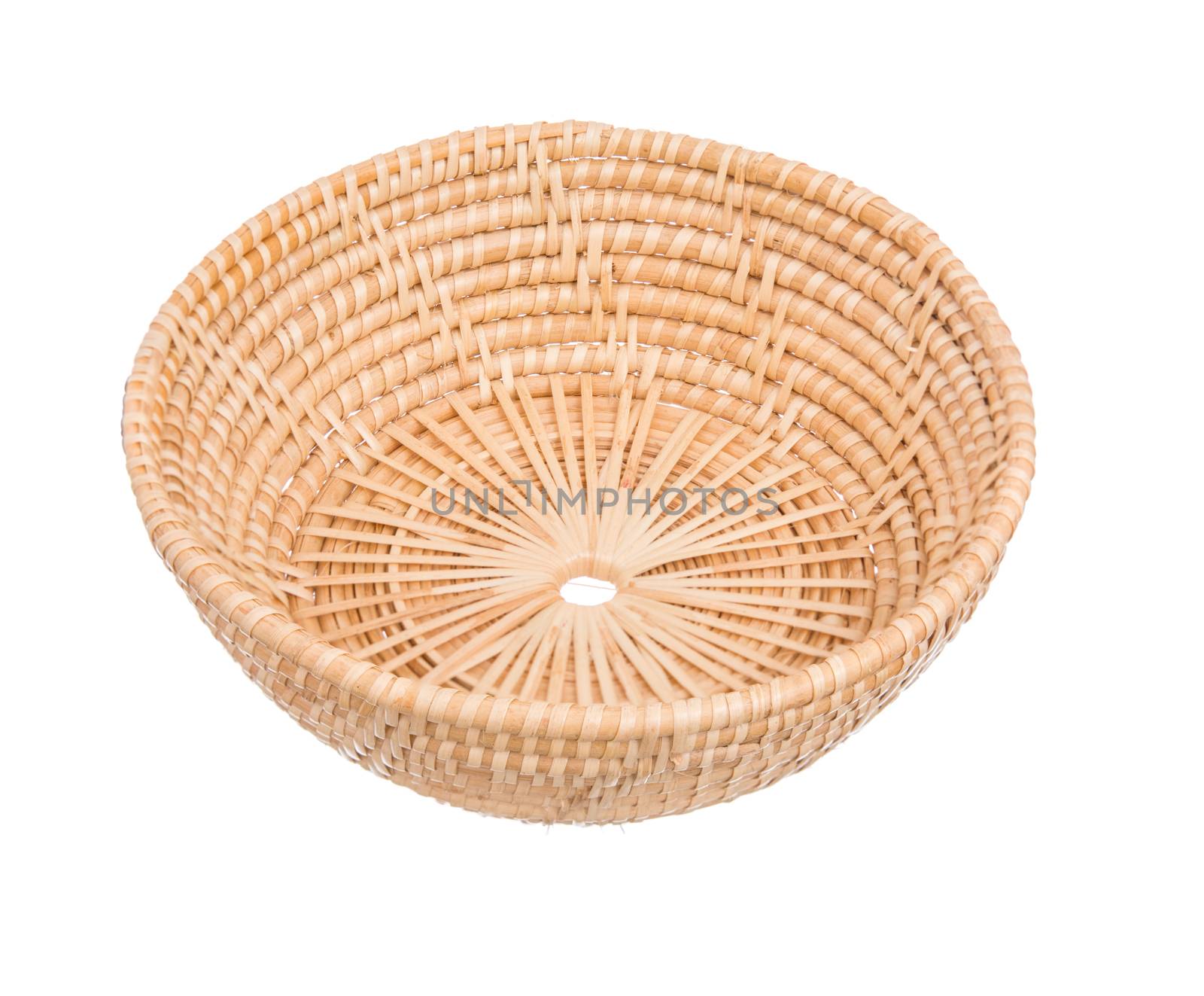 Wood basket wicker wooden in handmade 45 degree view isolate on white background
