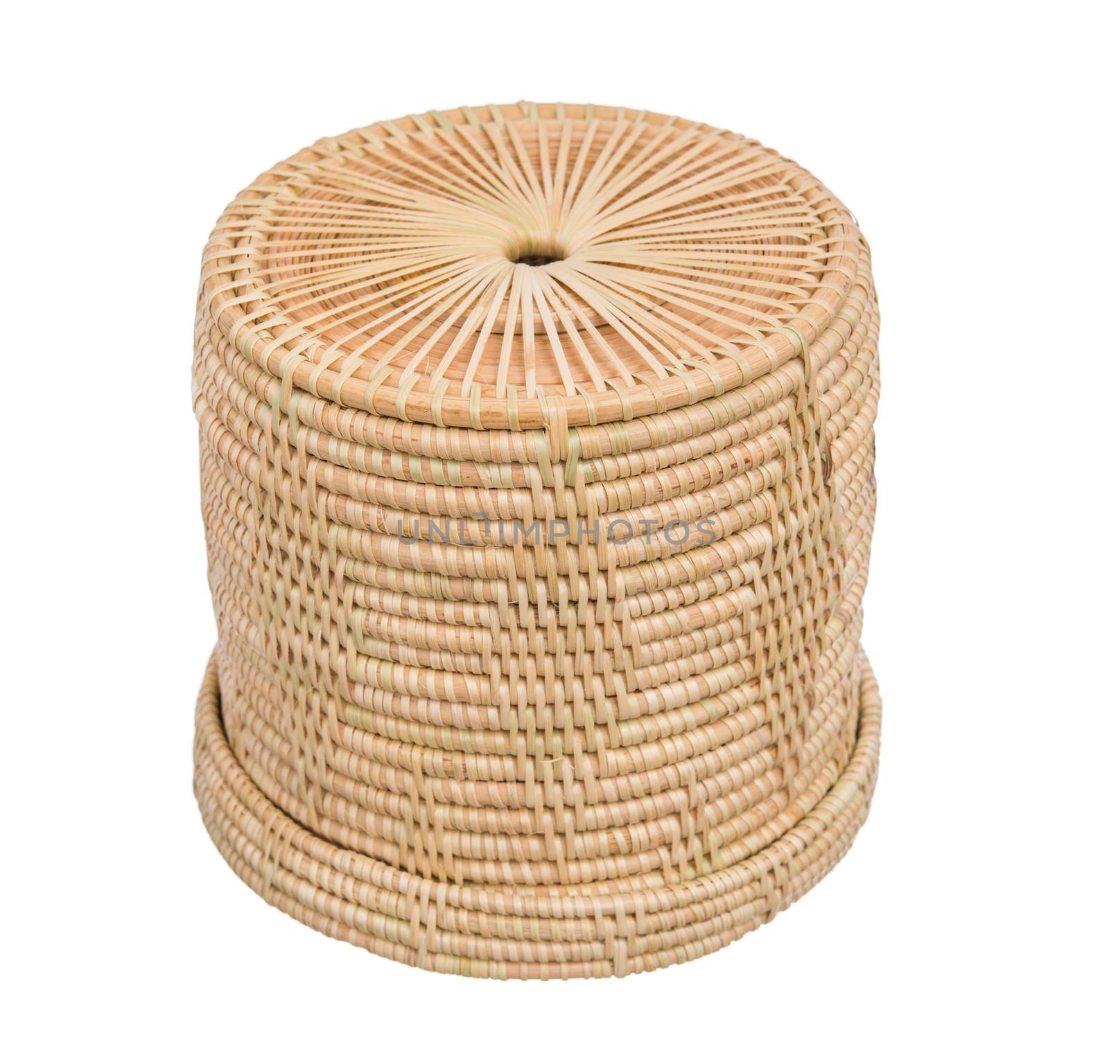Wood basket wicker wooden in handmade 45 degree view isolate on white background
