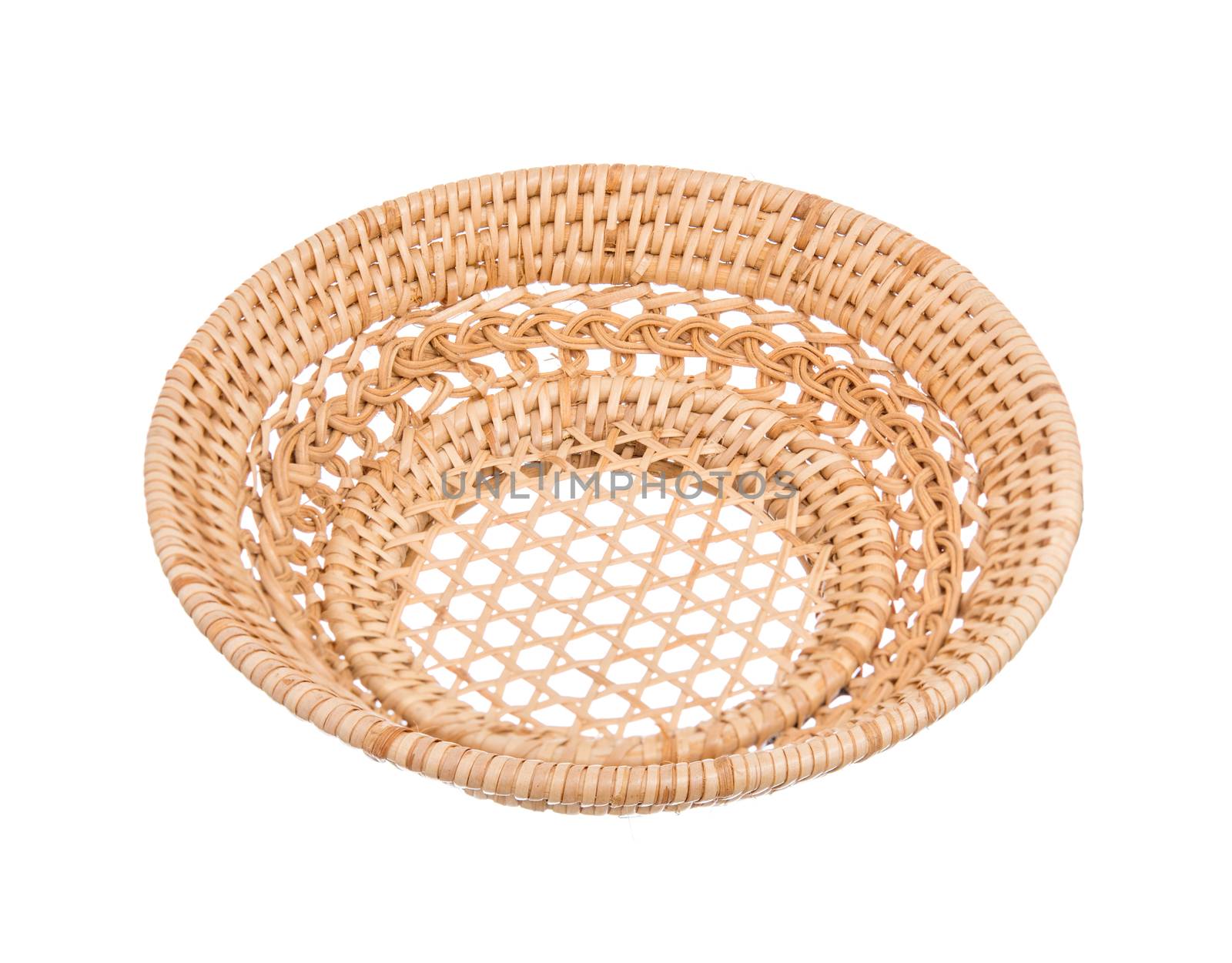 Wood basket wicker wooden in handmade 45 degree view isolate on white background