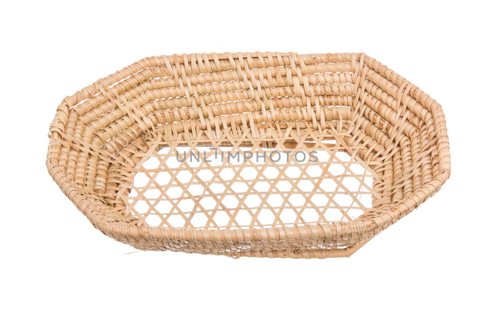 Wood basket wicker wooden in handmade 45 degree view isolate on white background
