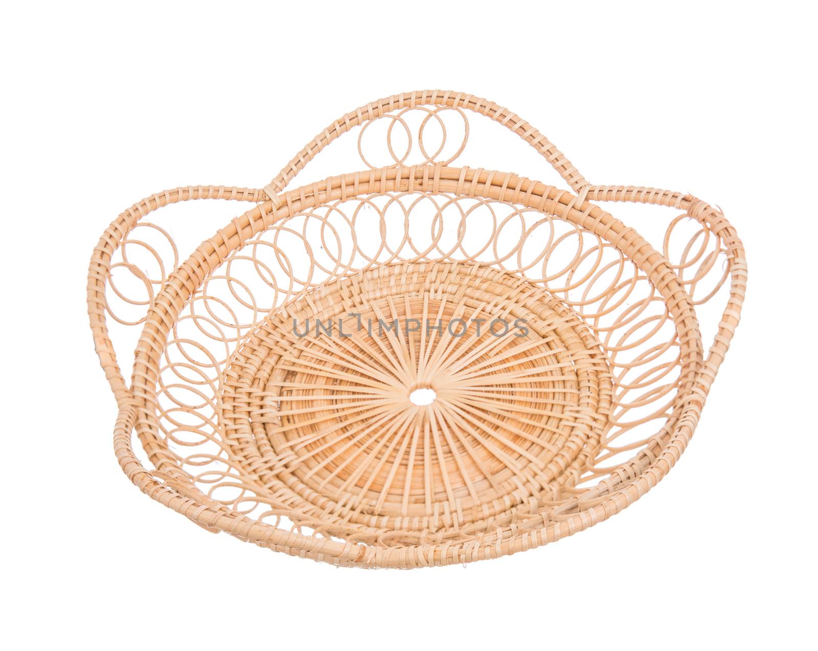 Wood basket wicker wooden in handmade 45 degree view isolate on white background