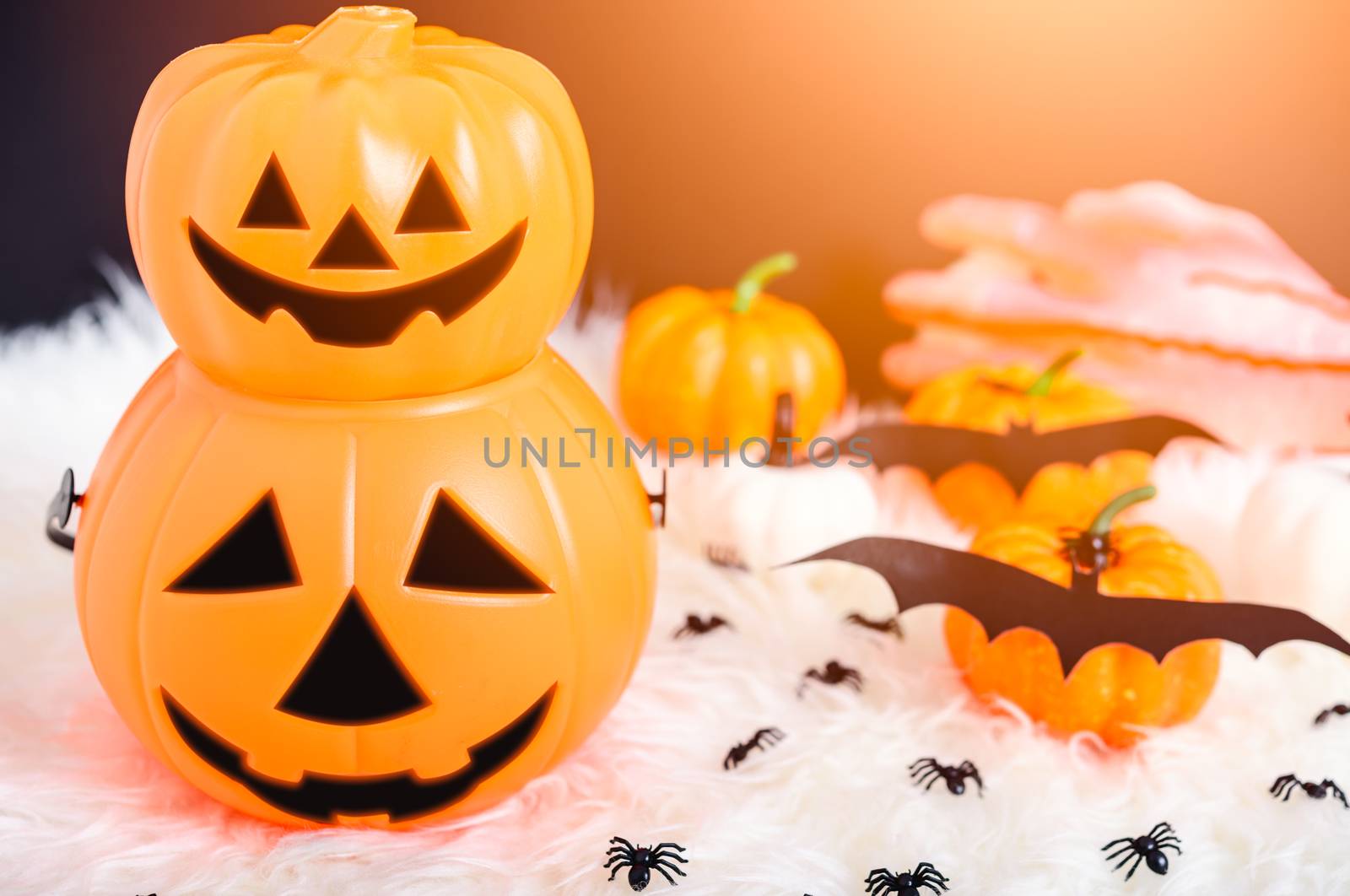 Pumpkin Jack creepy, spider and bat in photo, Halloween day conc by Sorapop