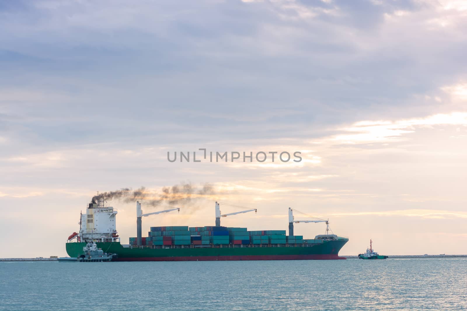 Industrial Container Cargo freight ship with working crane bridge