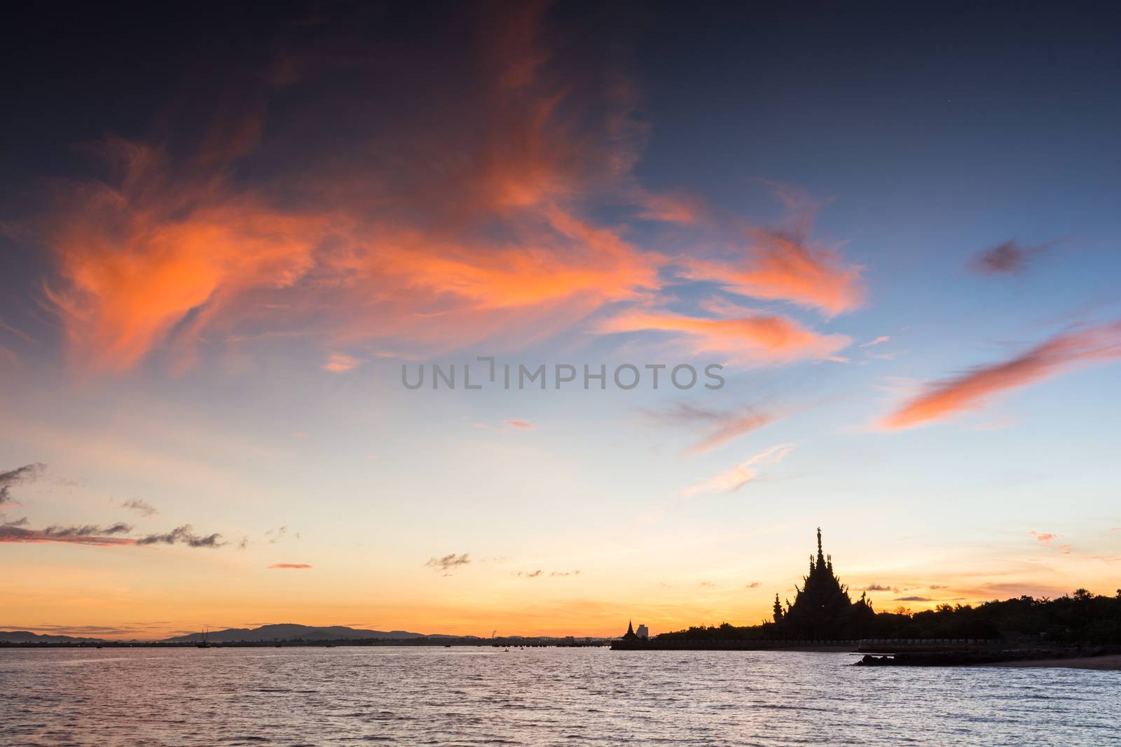 Sunrise on the sea at silhouette Sanctaury of Truth background