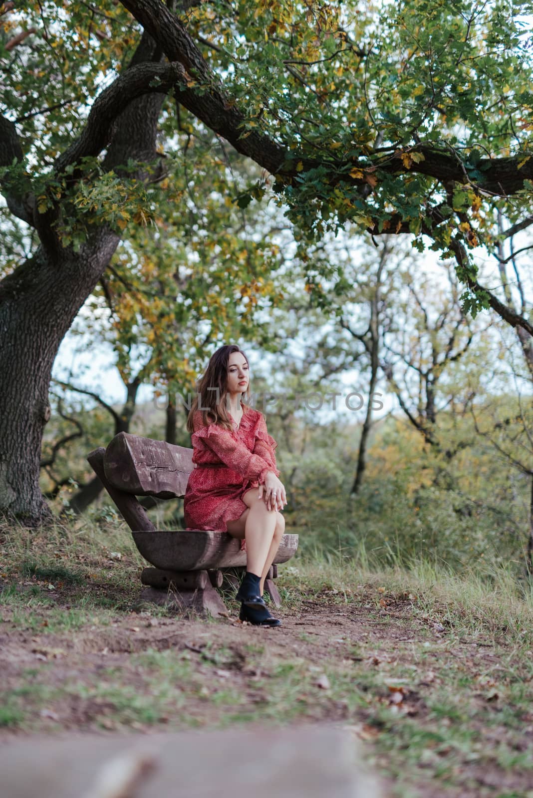 Woman sist on banch in park in golden autumn.