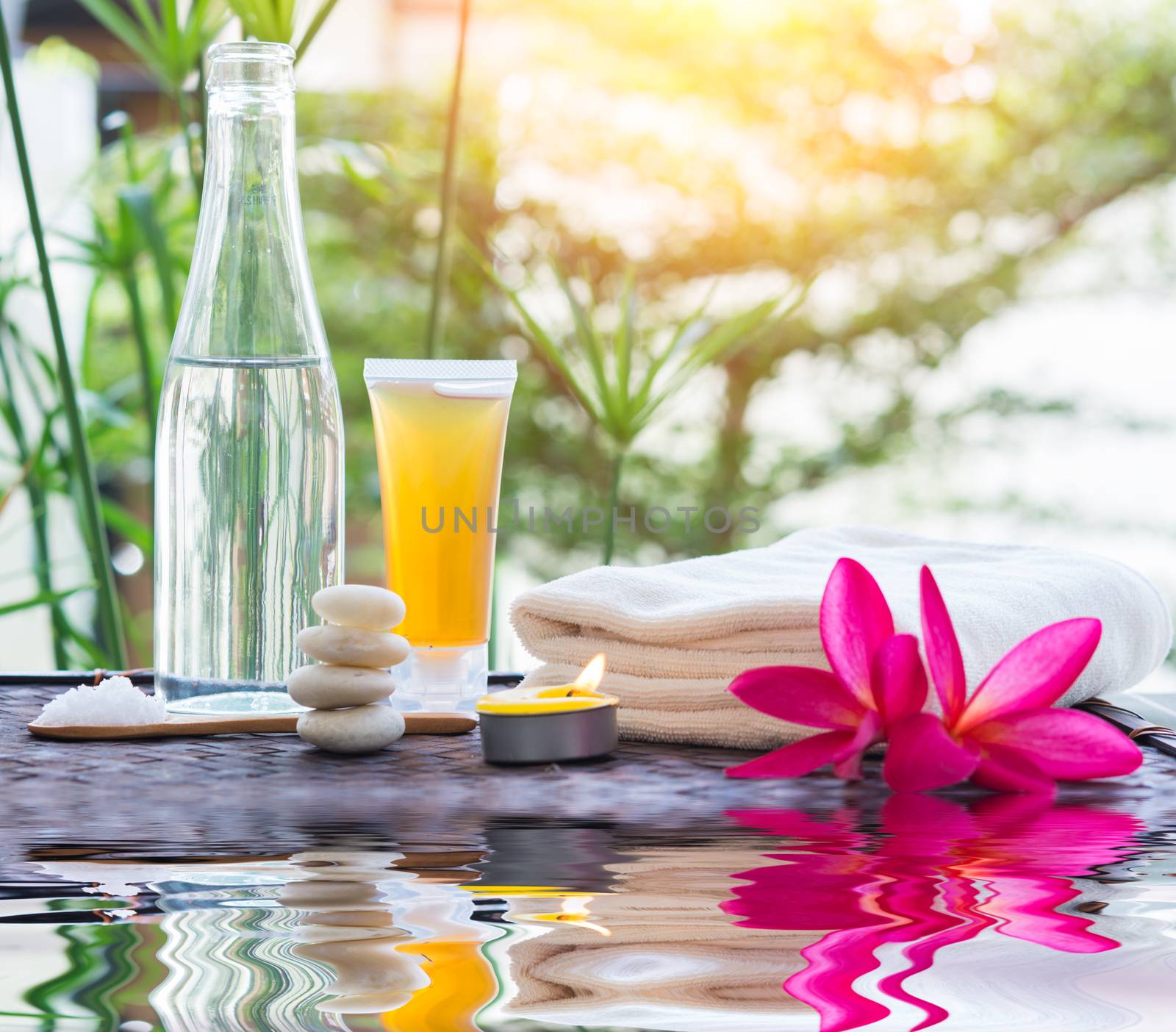 zen Spa treatment with water Reflections on nature a background