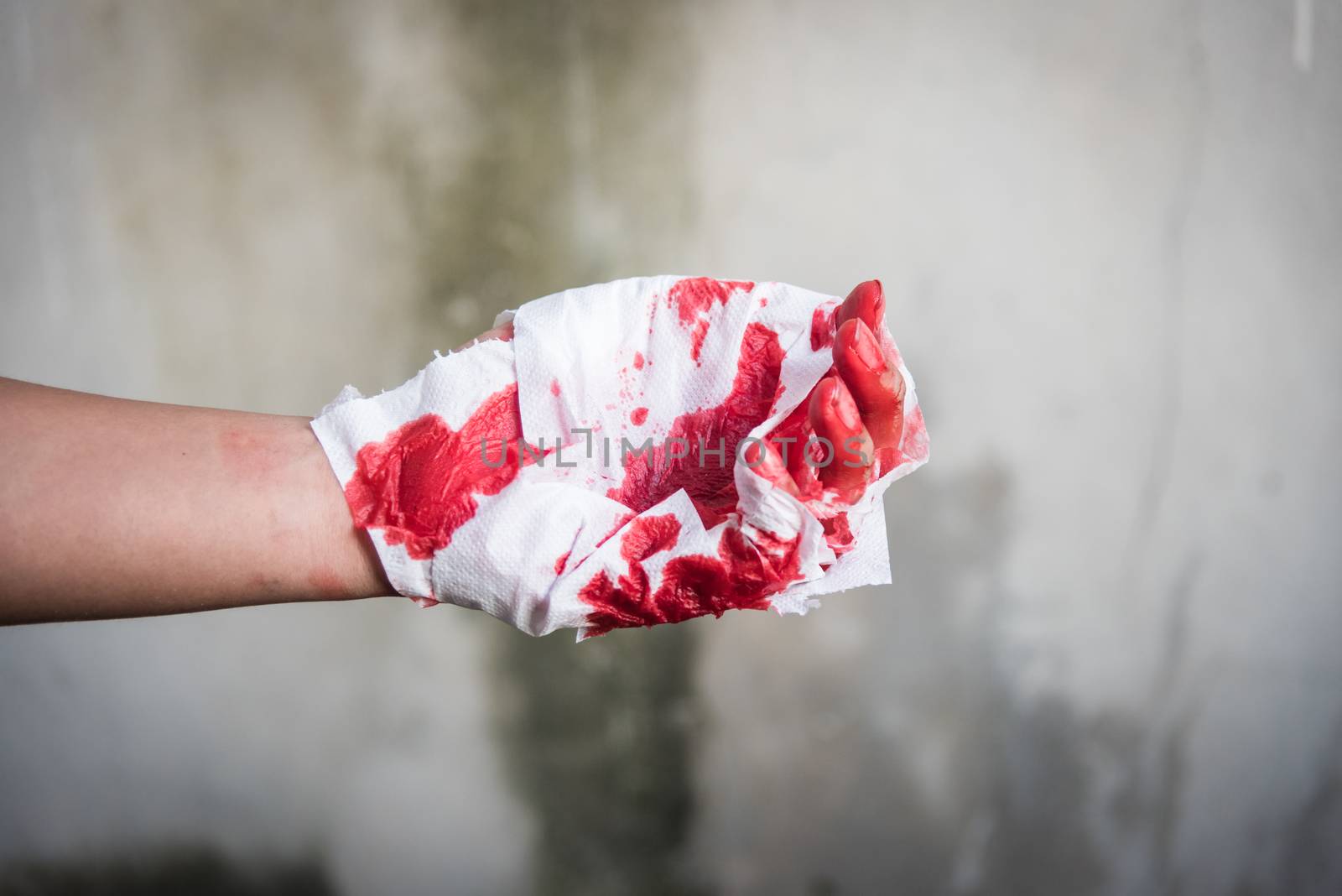Medicine bandage with very bloody red injury man hand after accident