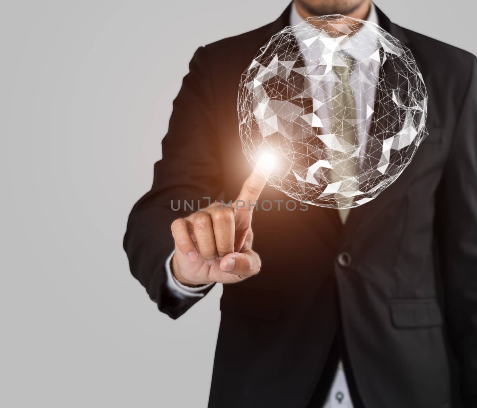 Businessman finger touching map point, international meaning, network connection, with copy space on gray background