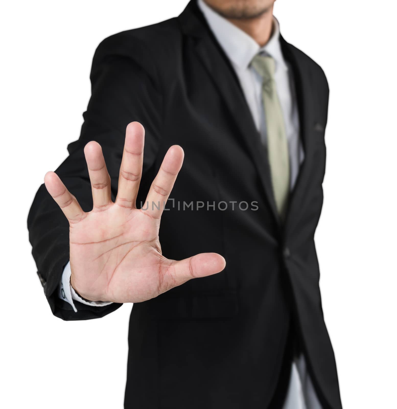 Businessman with raised opening hand making No more gesture, No  by Sorapop