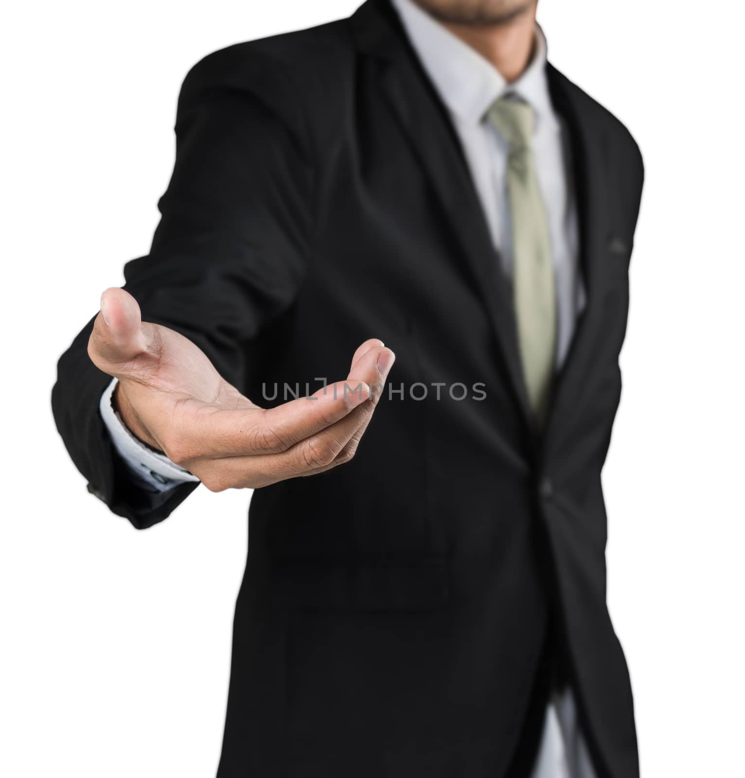 Businessman holding open hand, giving showing concept by Sorapop