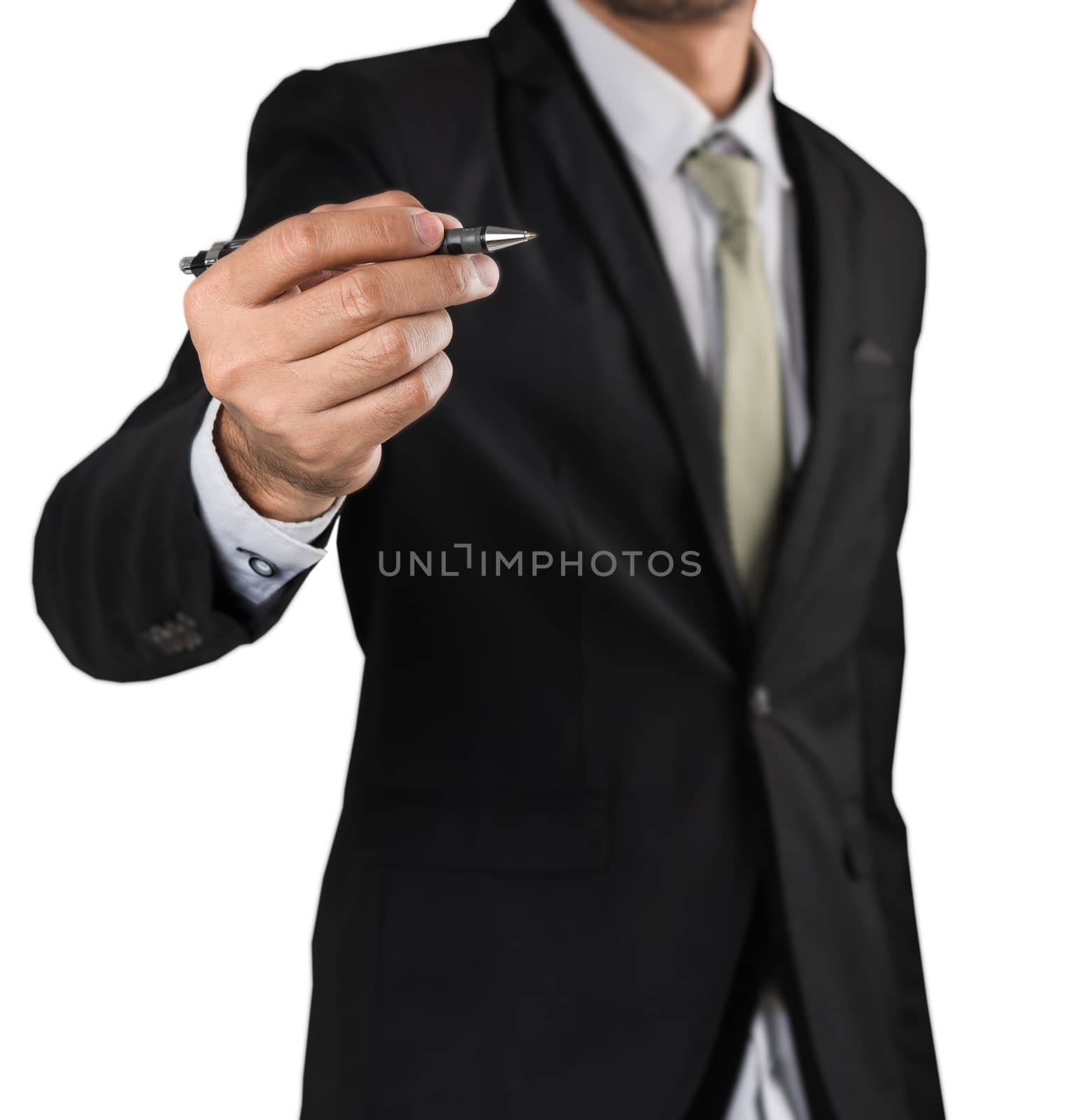 Businessman writing, drawing blank screen isolate on white background