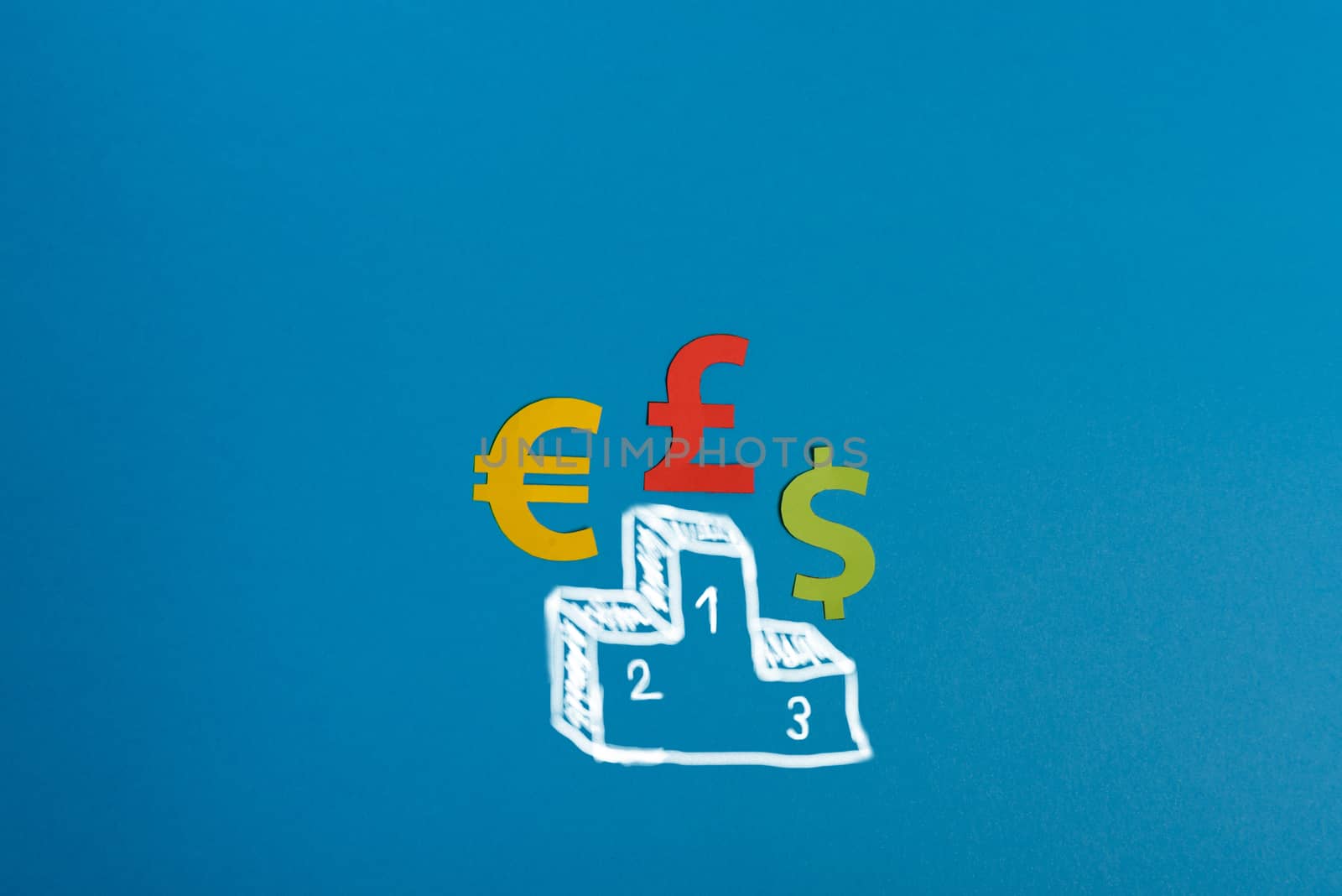 Paper symbols of euro, dollar and british pound currency on podium, blue background. View from above with copy space. Minimalistic simple concept
