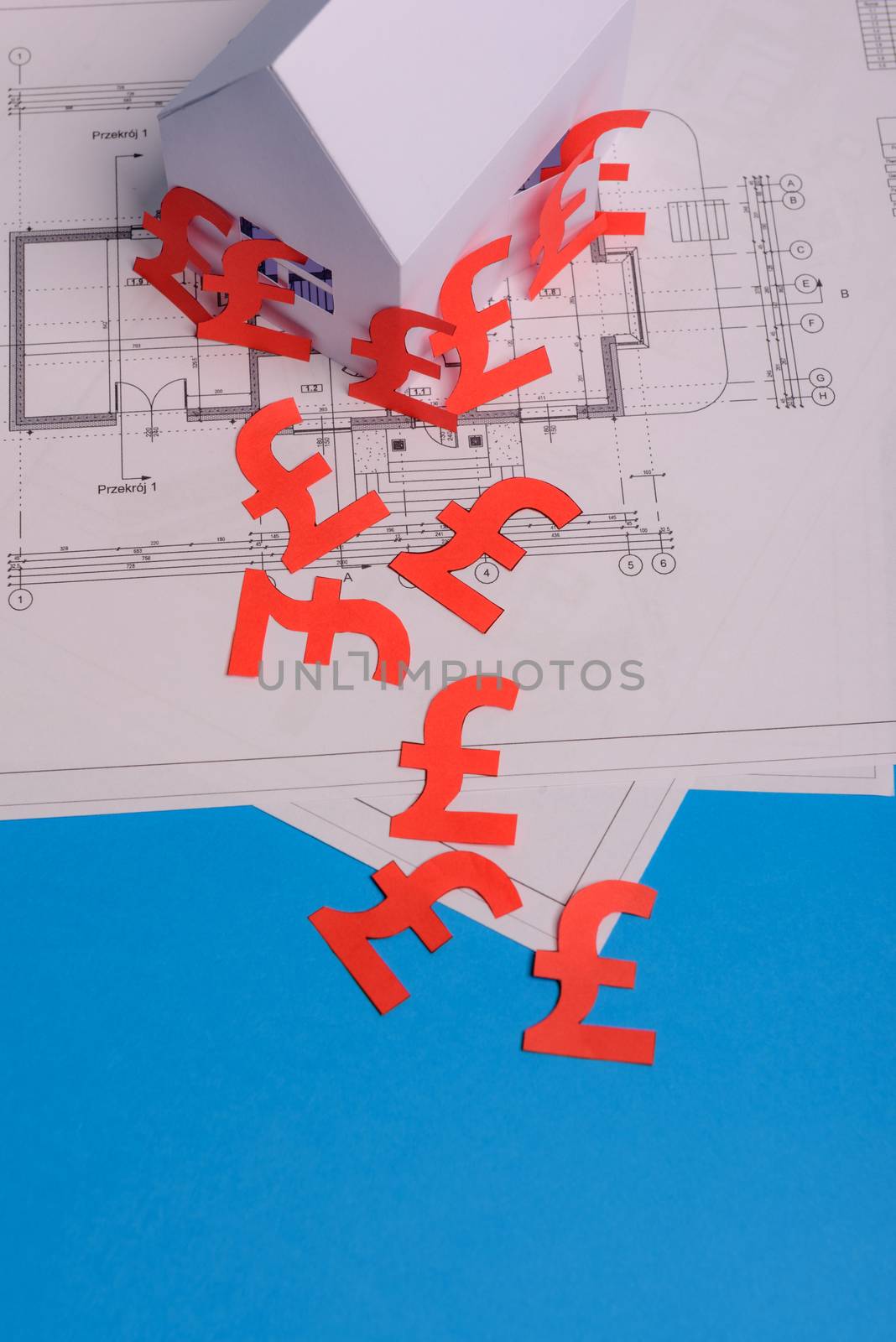 White family paper house , british pound money symbol , house projects plan and blueprints on mint background paper. Minimalistic and simple concept, style. Vertical orientation. View from above. copy space