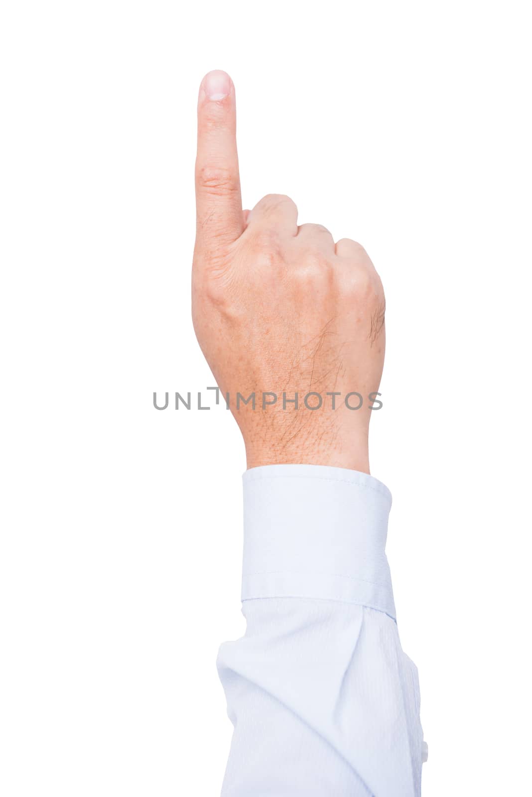 Business man back hand with the index finger pointing up isolate on white background