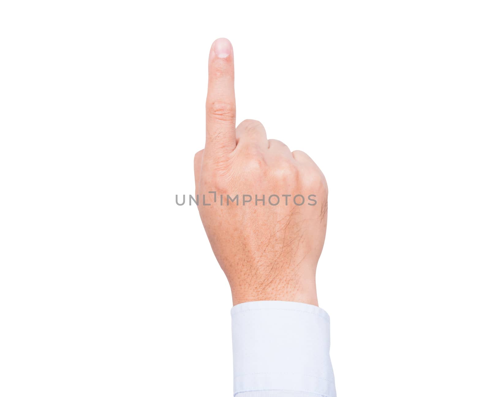 Back Hand of businessman index finger pointing upwards isolated by Sorapop