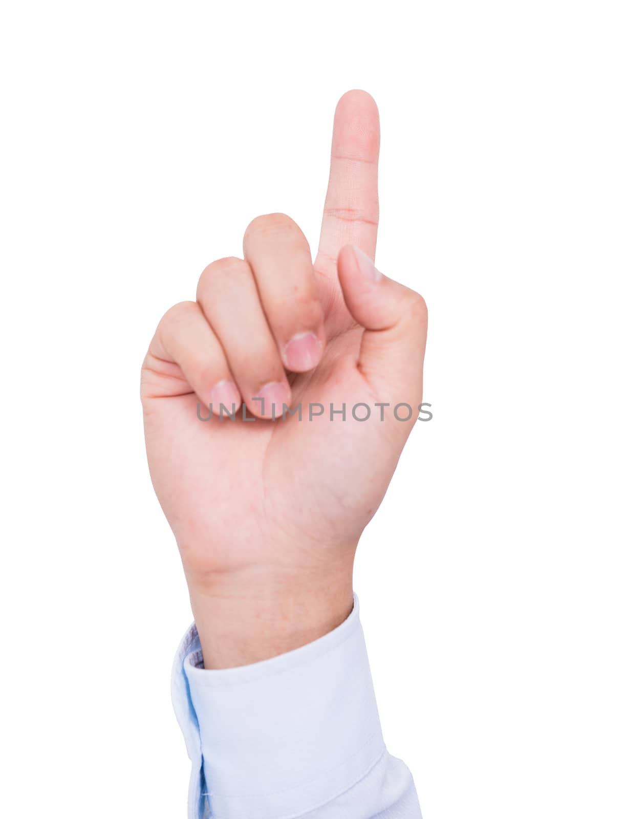 Business man front hand with the index finger pointing up isolate on white background