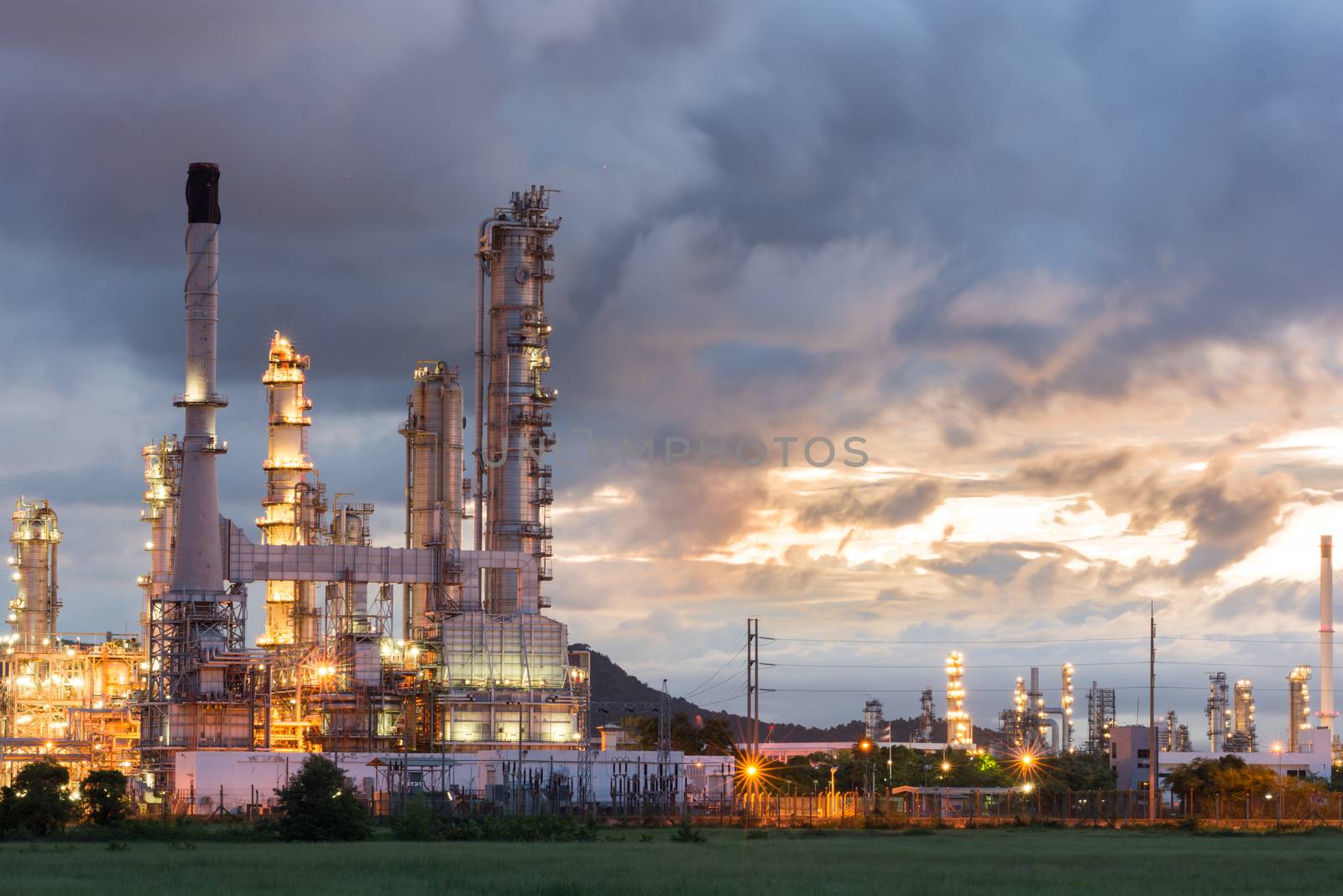 Oil Refinery factory at dark , Petroleum, petrochemical plant